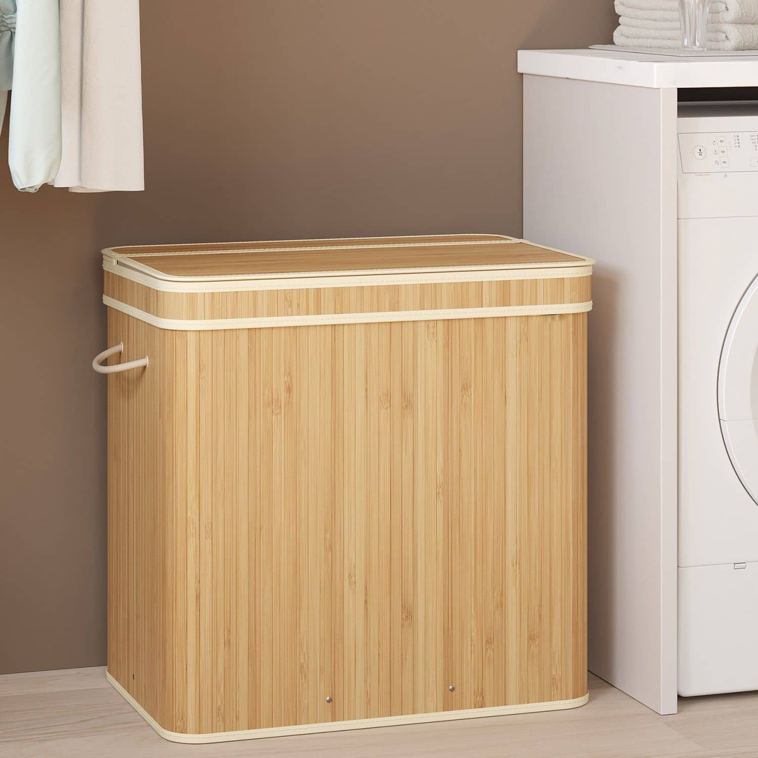 Wäschekorb mit Deckel, Wäschesammler Bambus, Wäschesack mit Griffen herausnehmbar und maschinenwaschbar