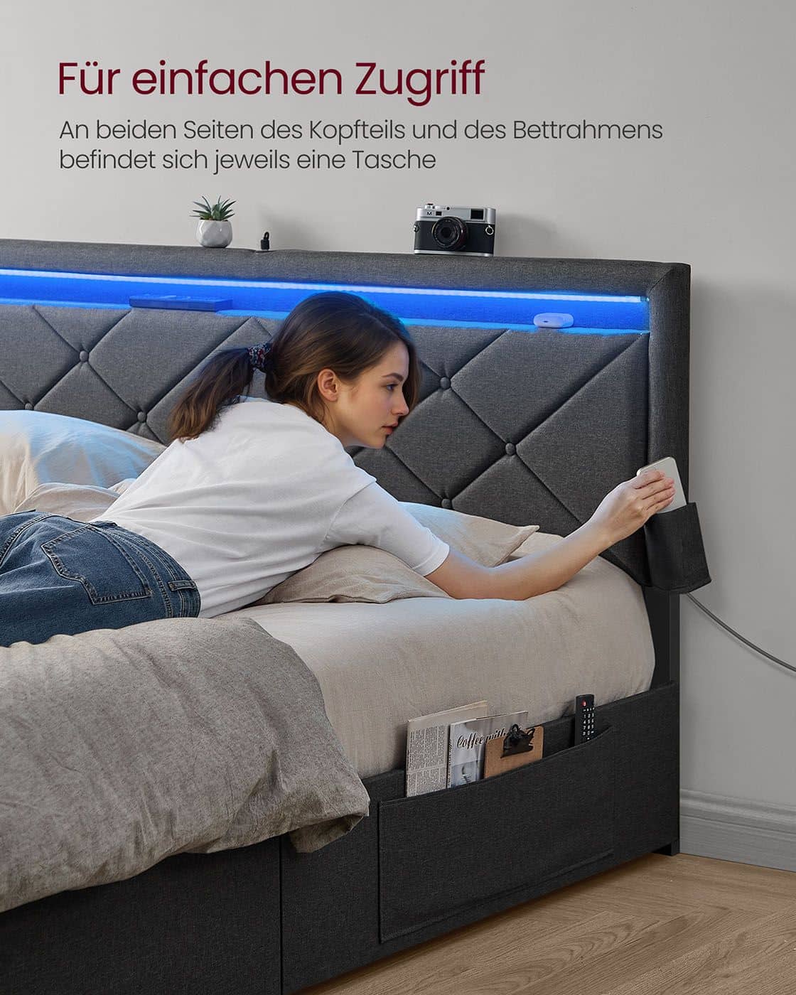 Doppelbettgestell 160 x 200 cm mit LED und 4 Schubladen und Ladestation
