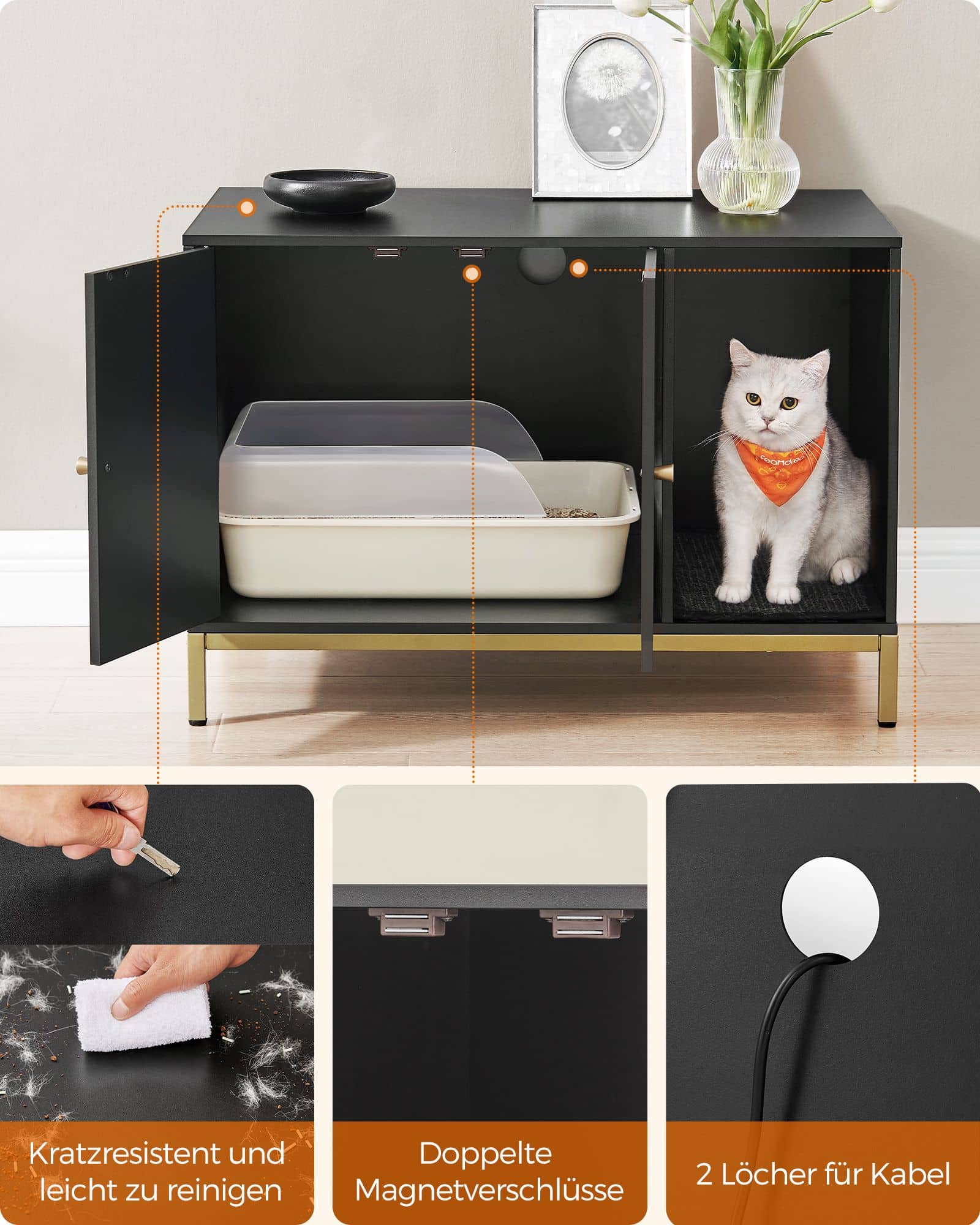 Katzenklo-Schrank mit Kratzmatte und Beinen goldfarben Katzenklo-Schrank mit Kratzmatte und Beinen goldfarben