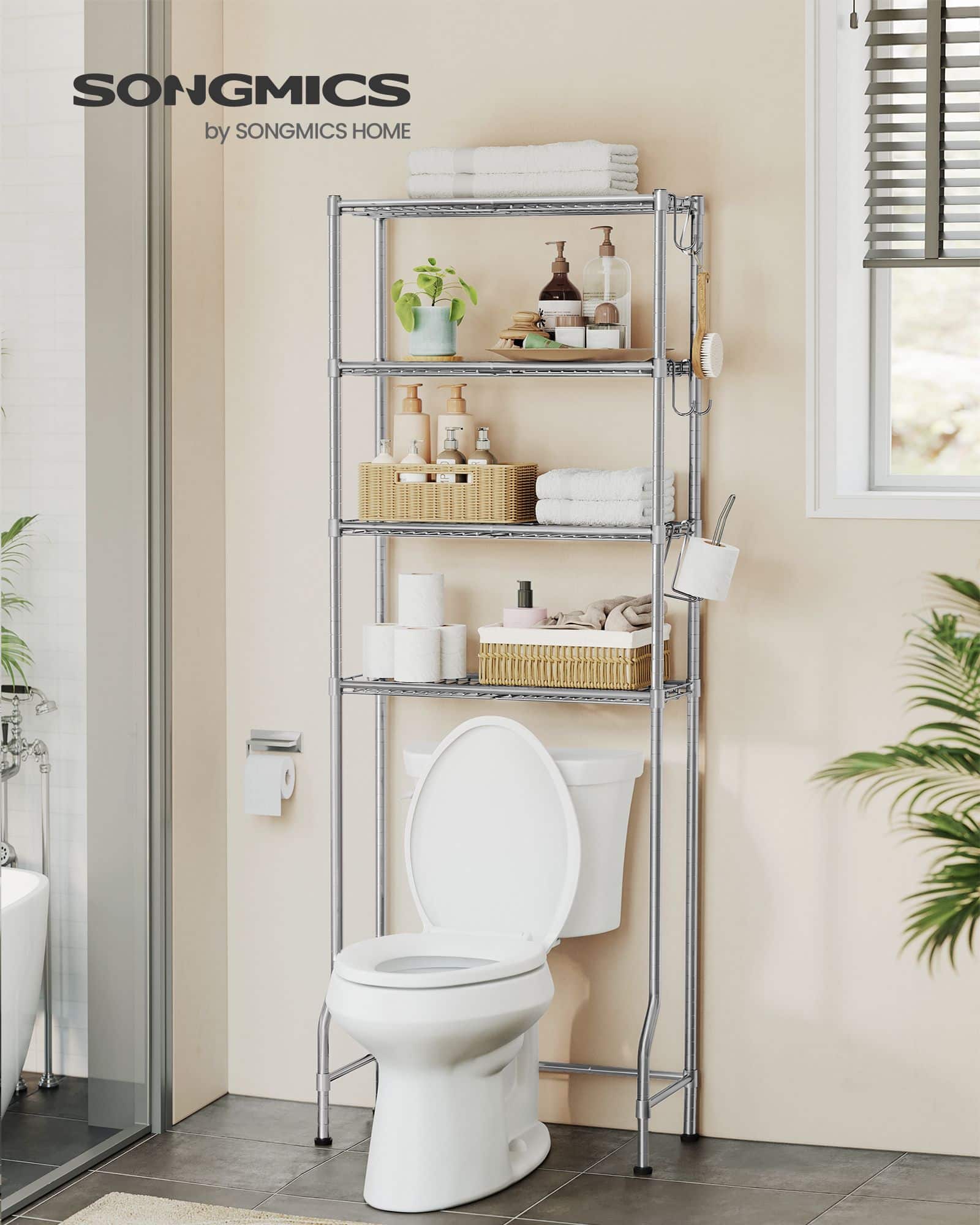 4-stöckiges Toilettenregal mit Ablagen Haken taubengrau 4-stöckiges Toilettenregal mit Ablagen Haken taubengrau