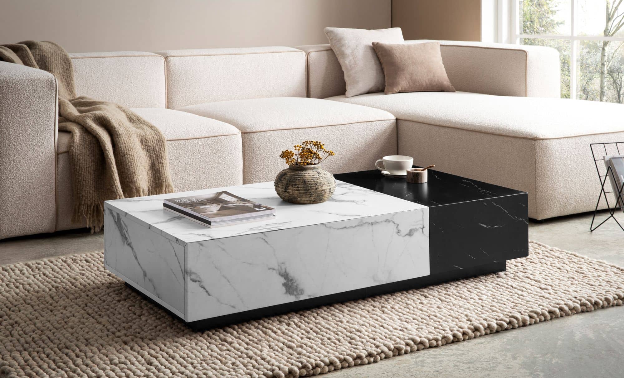 Couchtisch 120x60x28 cm Weiß Schwarz Sofatisch in Marmor-Optik Modern