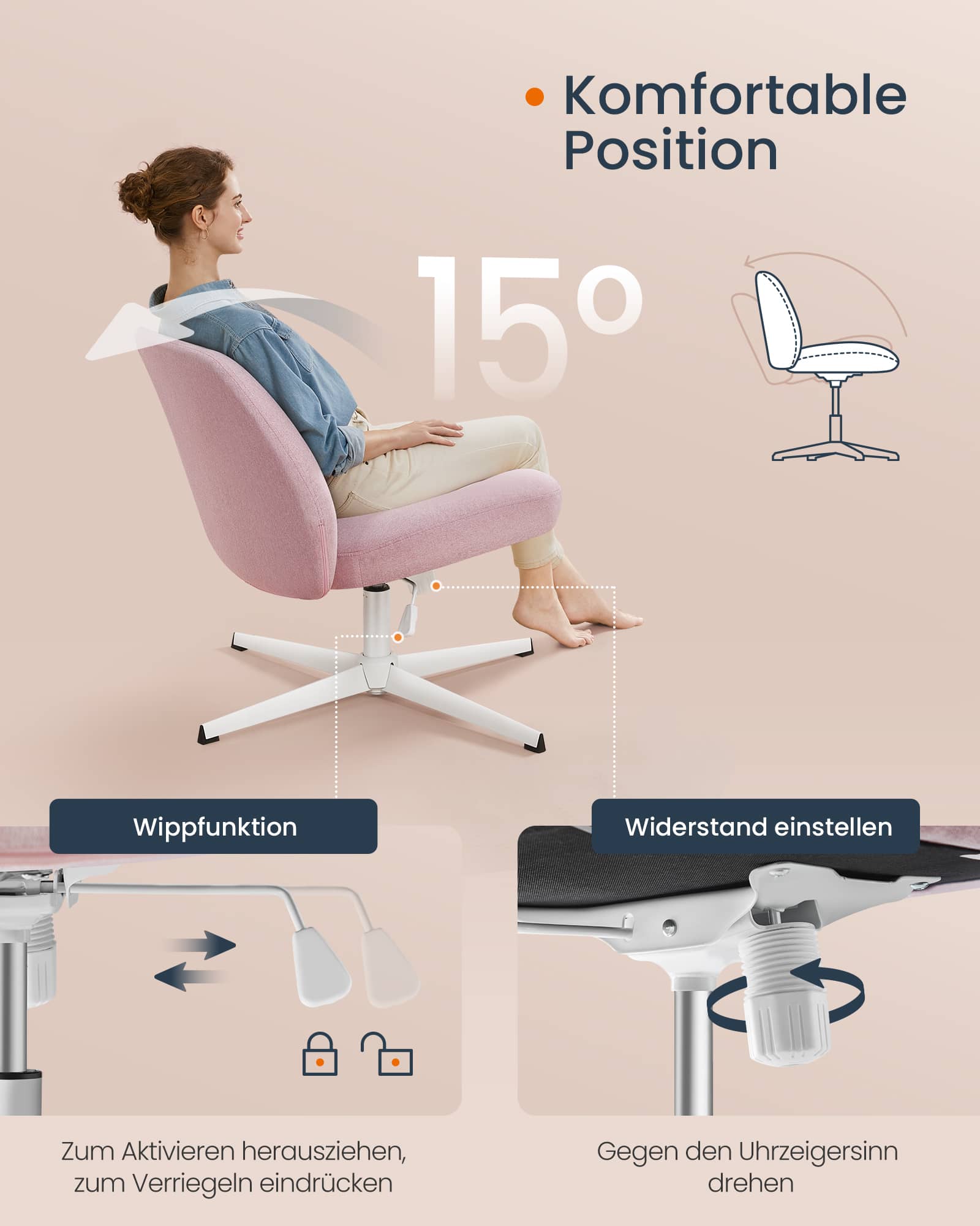 Bürostuhl mit breiter Sitzfläche und Kreuzfuß pastellrosa Bürostuhl mit breiter Sitzfläche und Kreuzfuß pastellrosa