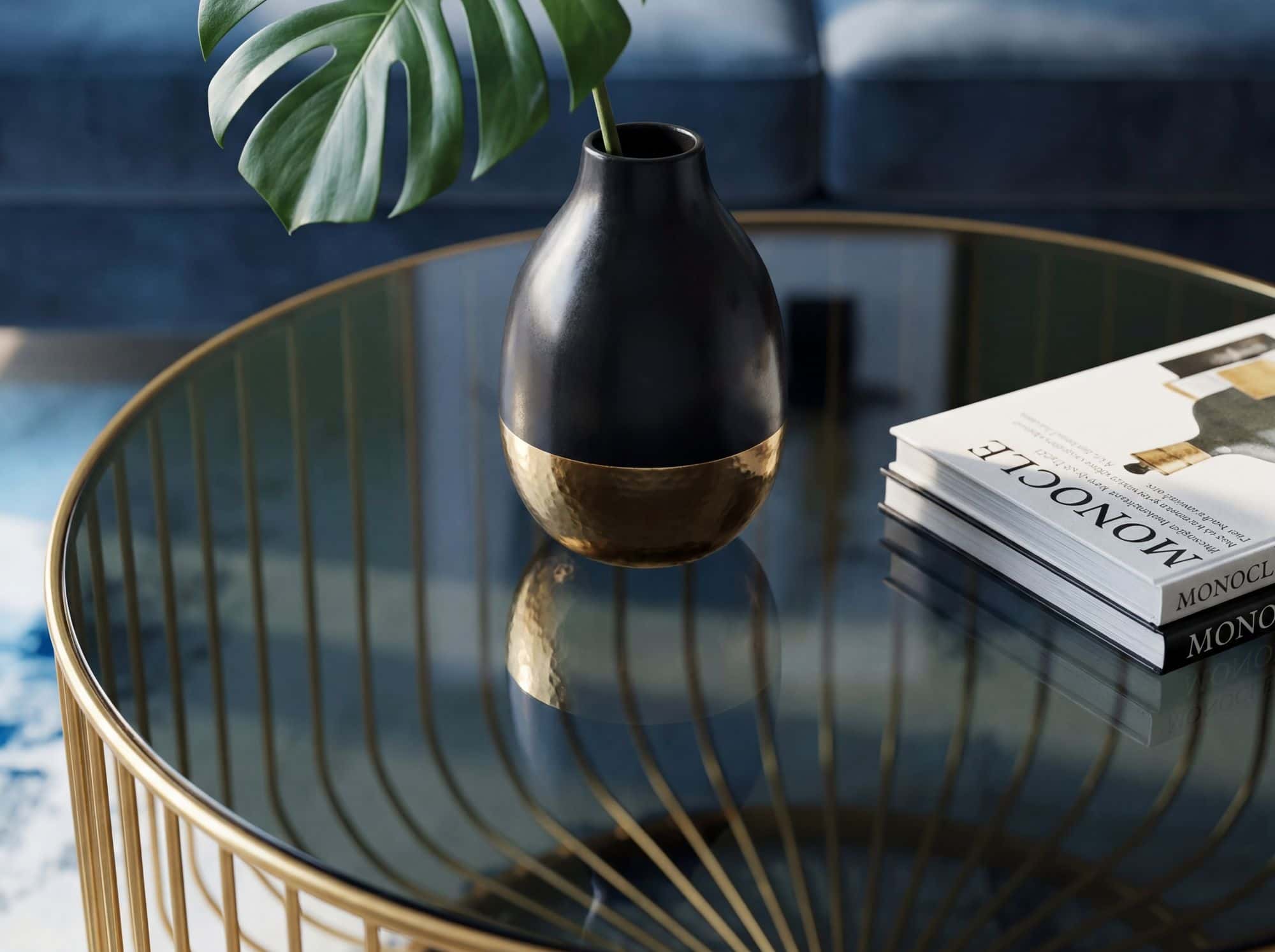 Couchtisch Glas Metall 60cm Gold Rund - Moderner Wohnzimmertisch - Design Sofatisch - Loungetisch mit Gittergestell - Runder Beistelltisch Handmade