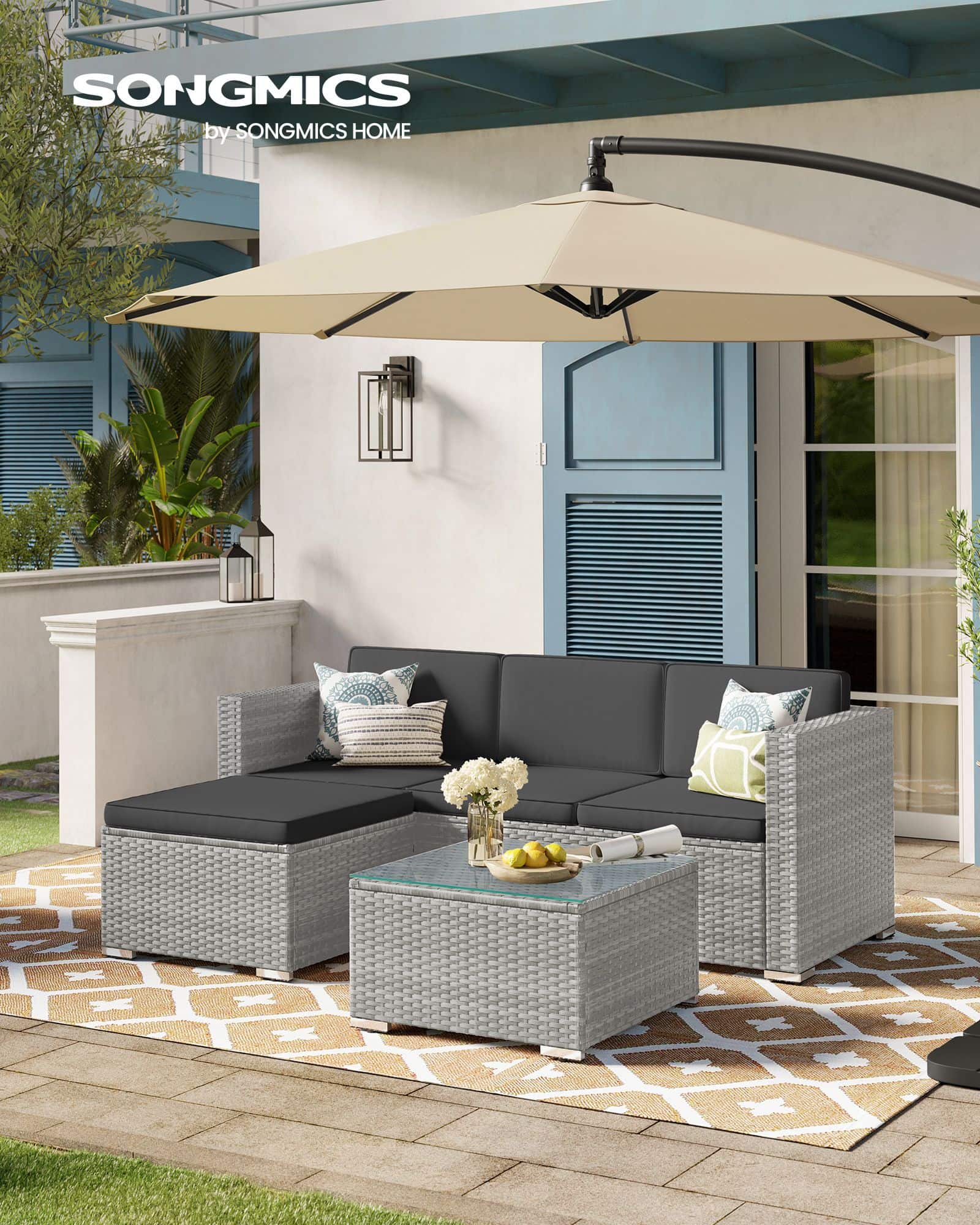 Balkonmöbel aus PE-Polyrattan mit Kissen und Glastisch-B34GGF005G05 Balkonmöbel aus PE-Polyrattan mit Kissen und Glastisch-B34GGF005G05