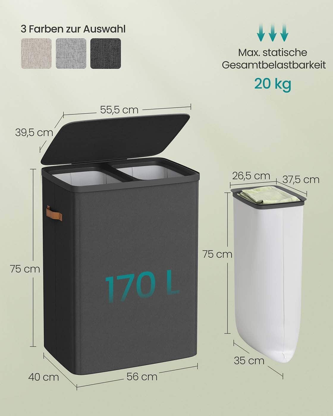 Wäschekorb 170 L mit 2 Fächern 56 x 40 x 75 cm tintenschwarz Wäschekorb 170 L mit 2 Fächern 56 x 40 x 75 cm tintenschwarz