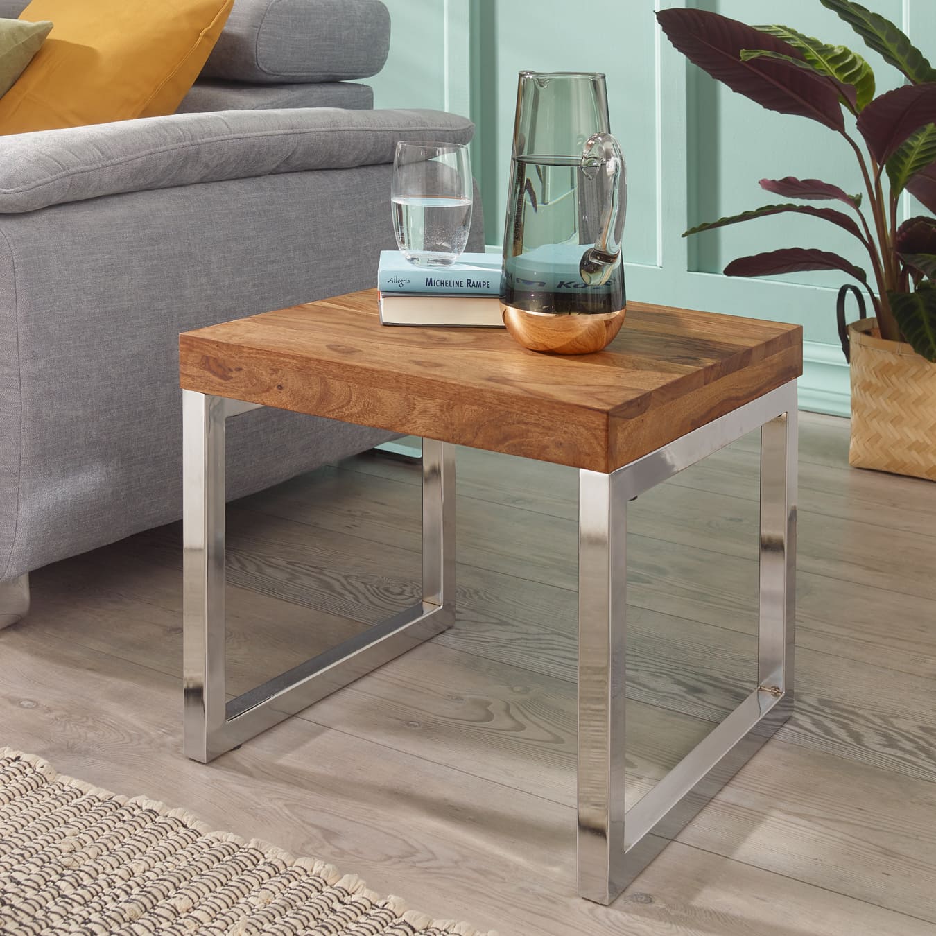 Beistelltisch GUNA Massiv-Holz Sheesham Wohnzimmer-Tisch Metallgestell Couchtisch Landhaus-Stil dunkelbraun natur Beistelltisch GUNA Massiv-Holz Sheesham Wohnzimmer-Tisch Metallgestell Couchtisch Landhaus-Stil dunkelbraun natur