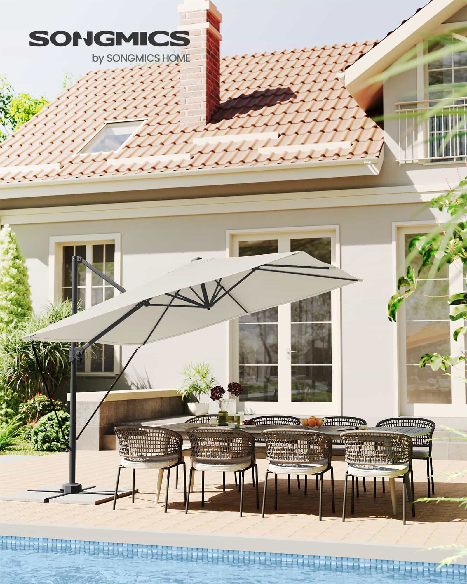 Sonnenschirm mit Kurbel und Kreuzfuß cremeweiß