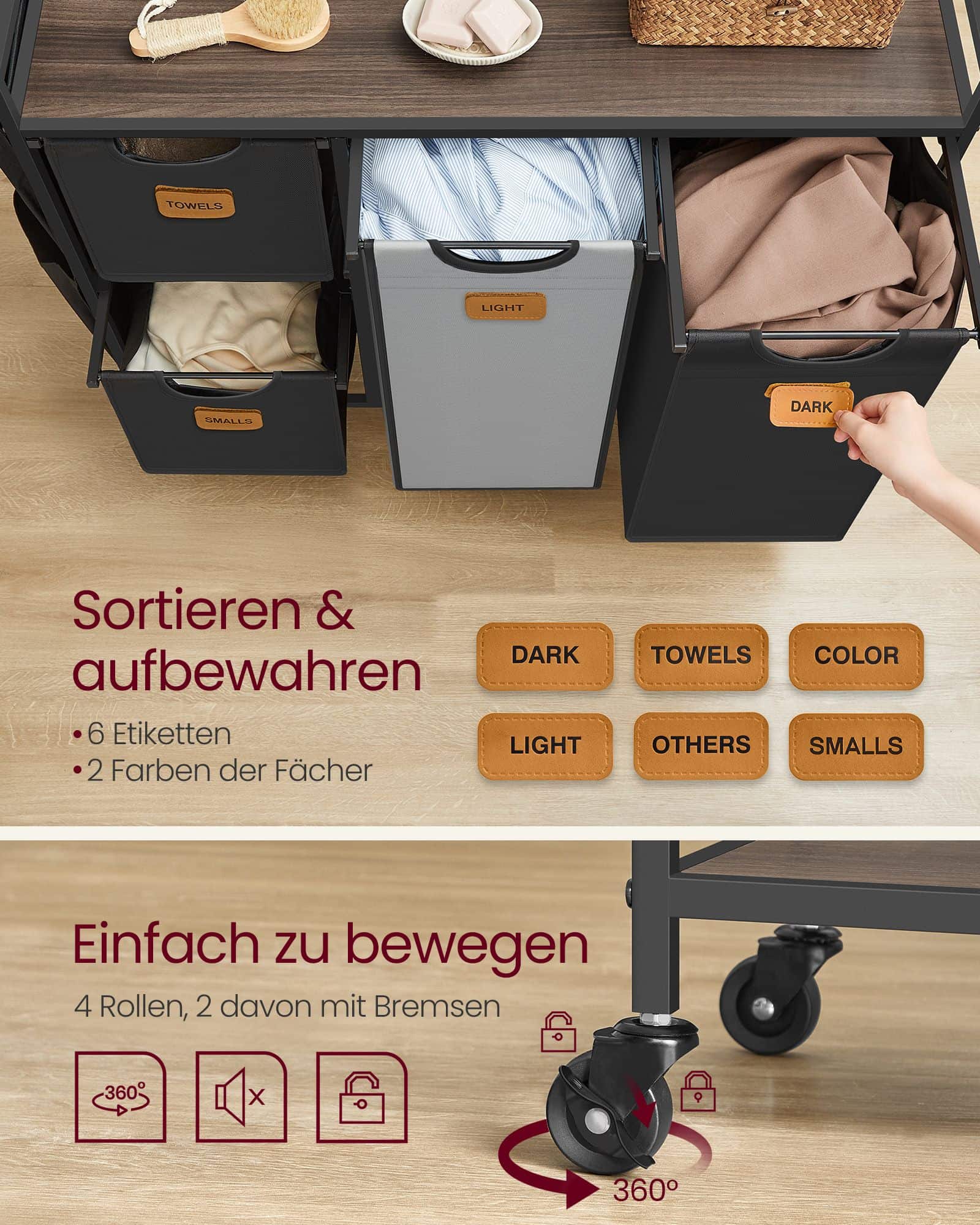 Wäschekorb 4 Fächer kastanienbraun-tintenschwarz-taubengrau Wäschekorb 4 Fächer kastanienbraun-tintenschwarz-taubengrau