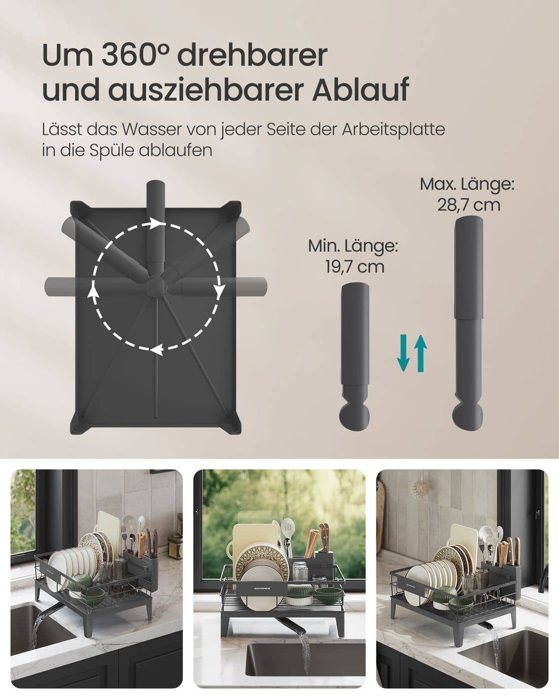 Drehbares Abtropfgestell mit Abtropfschale und Besteckablage anthrazitgrau Drehbares Abtropfgestell mit Abtropfschale und Besteckablage anthrazitgrau