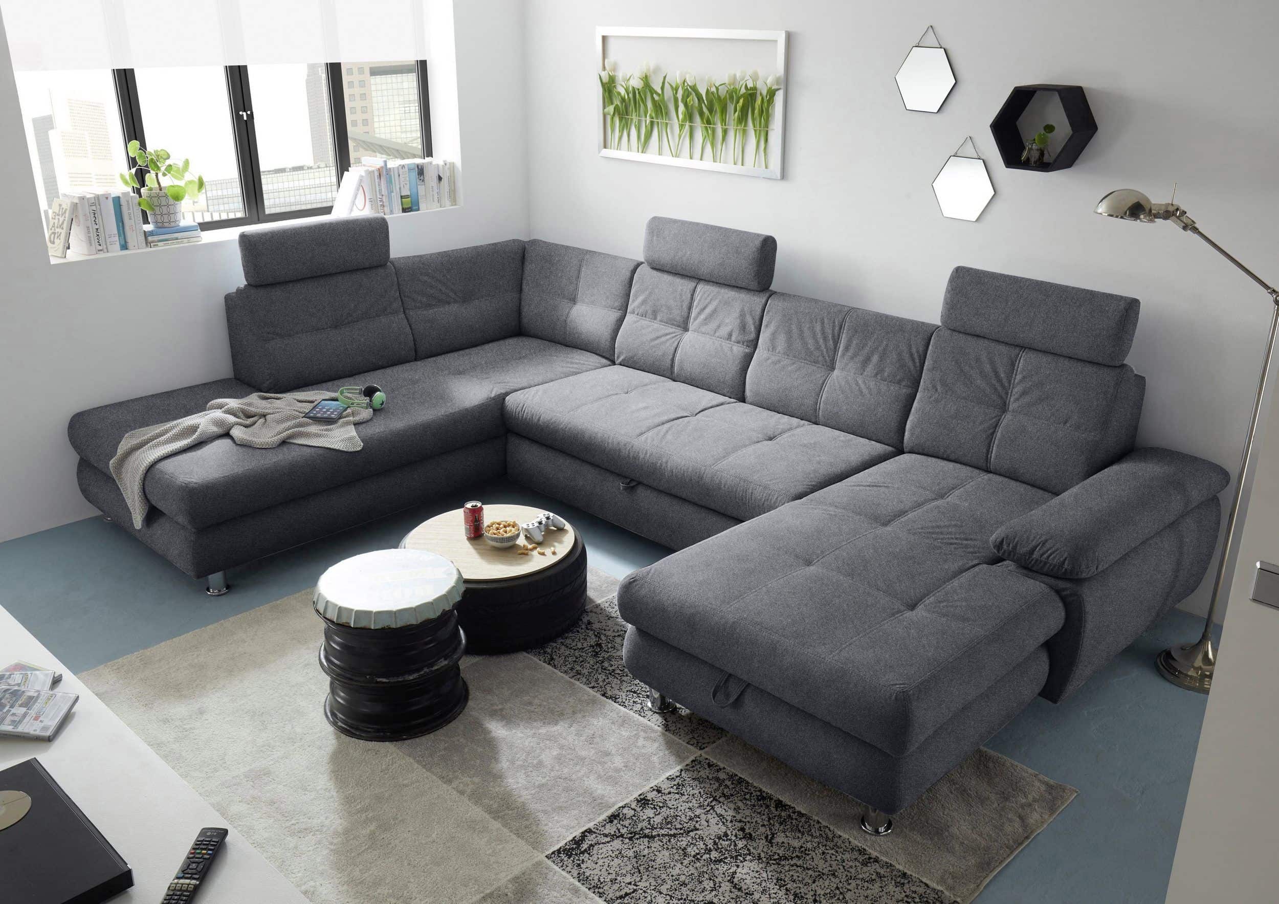 Wohnlandschaft Alba von ED Exciting Design mit Schlaffunktion & Bettkasten – U-Form Sofa aus hochwertigem Brego-Stoff