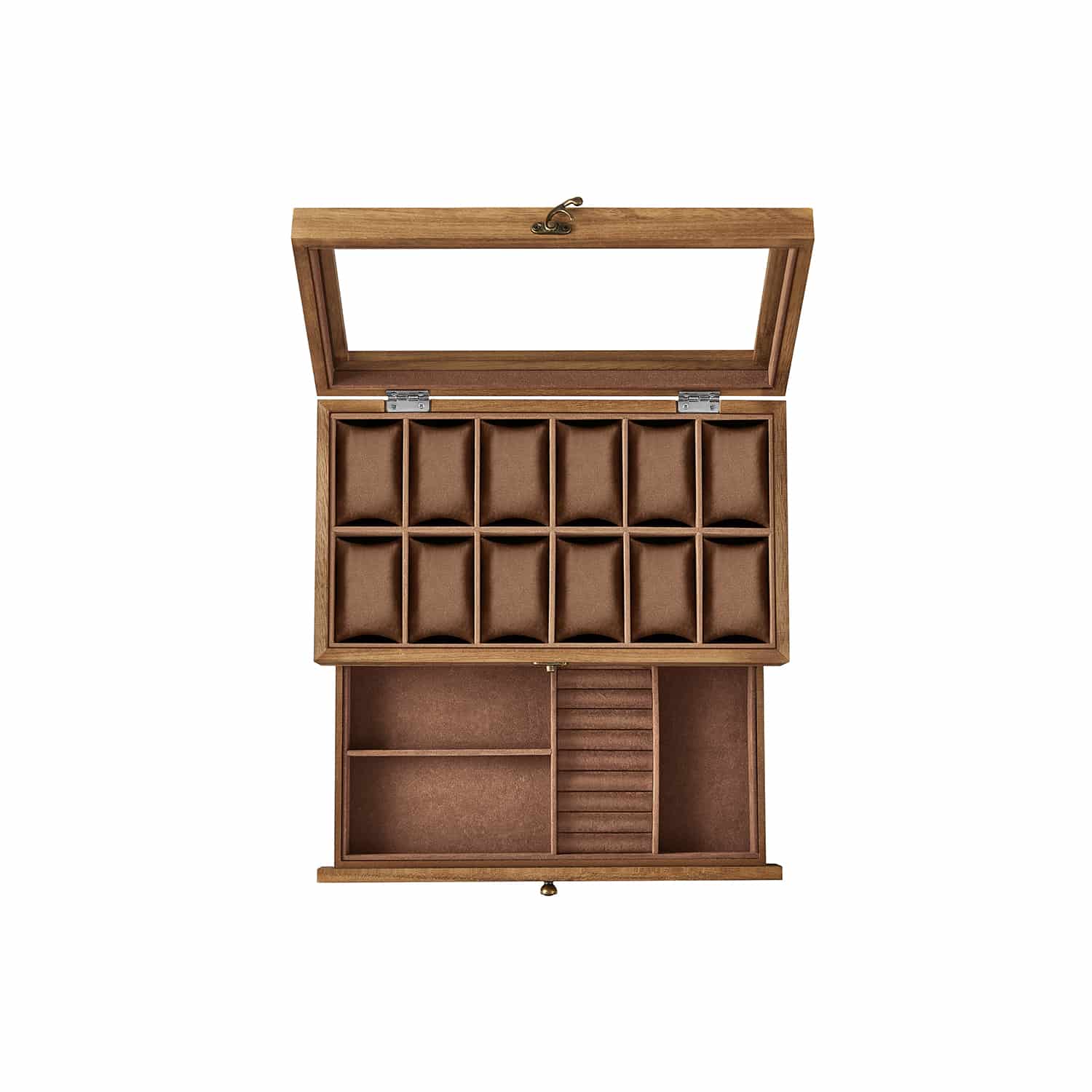 Uhrenbox mit 12 Fächern aus Massivholz walnussfarben Uhrenbox mit 12 Fächern aus Massivholz walnussfarben