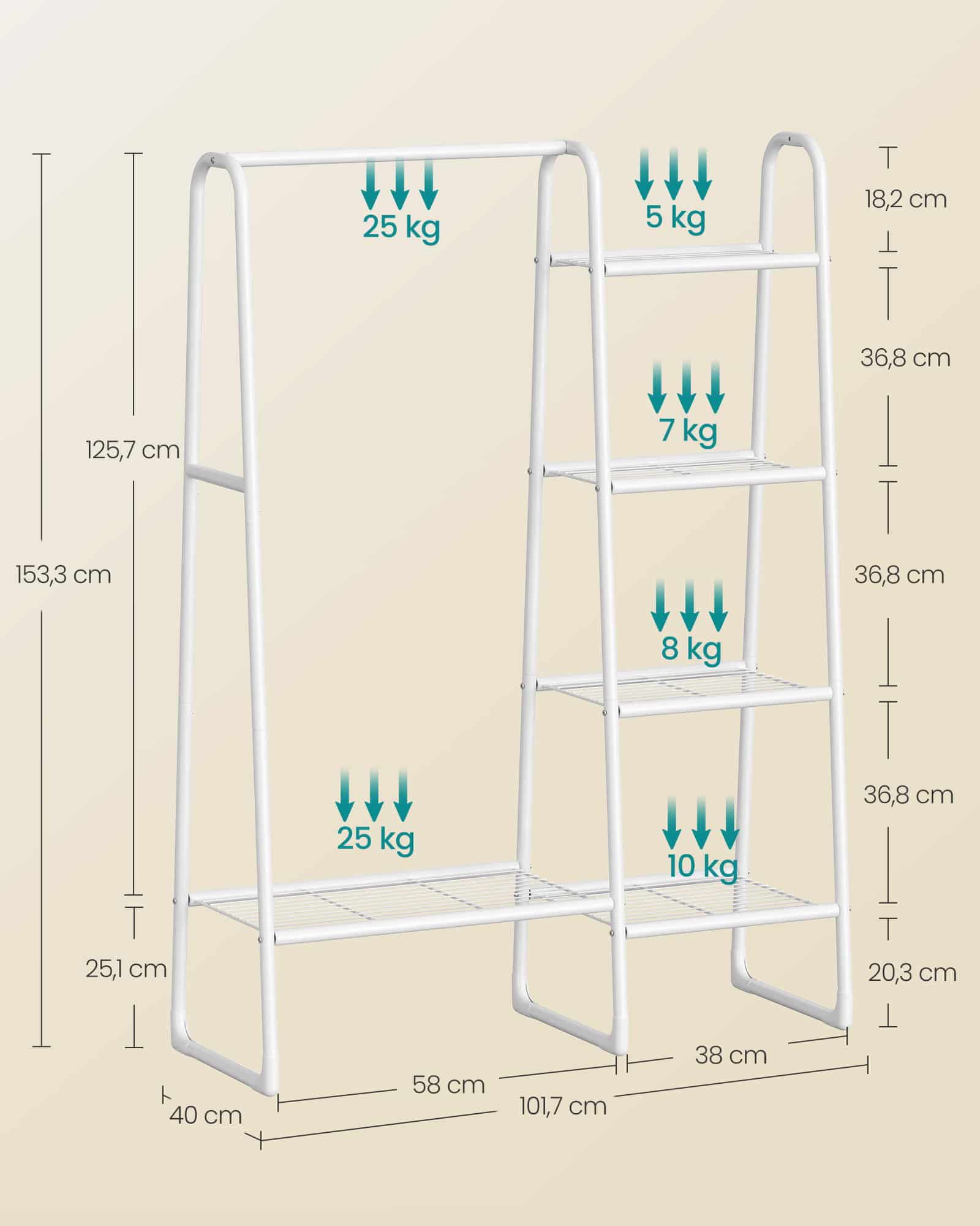 Kleiderständer mit 5 Ablagen und Stahlrahmen wolkenweiß Kleiderständer mit 5 Ablagen und Stahlrahmen wolkenweiß