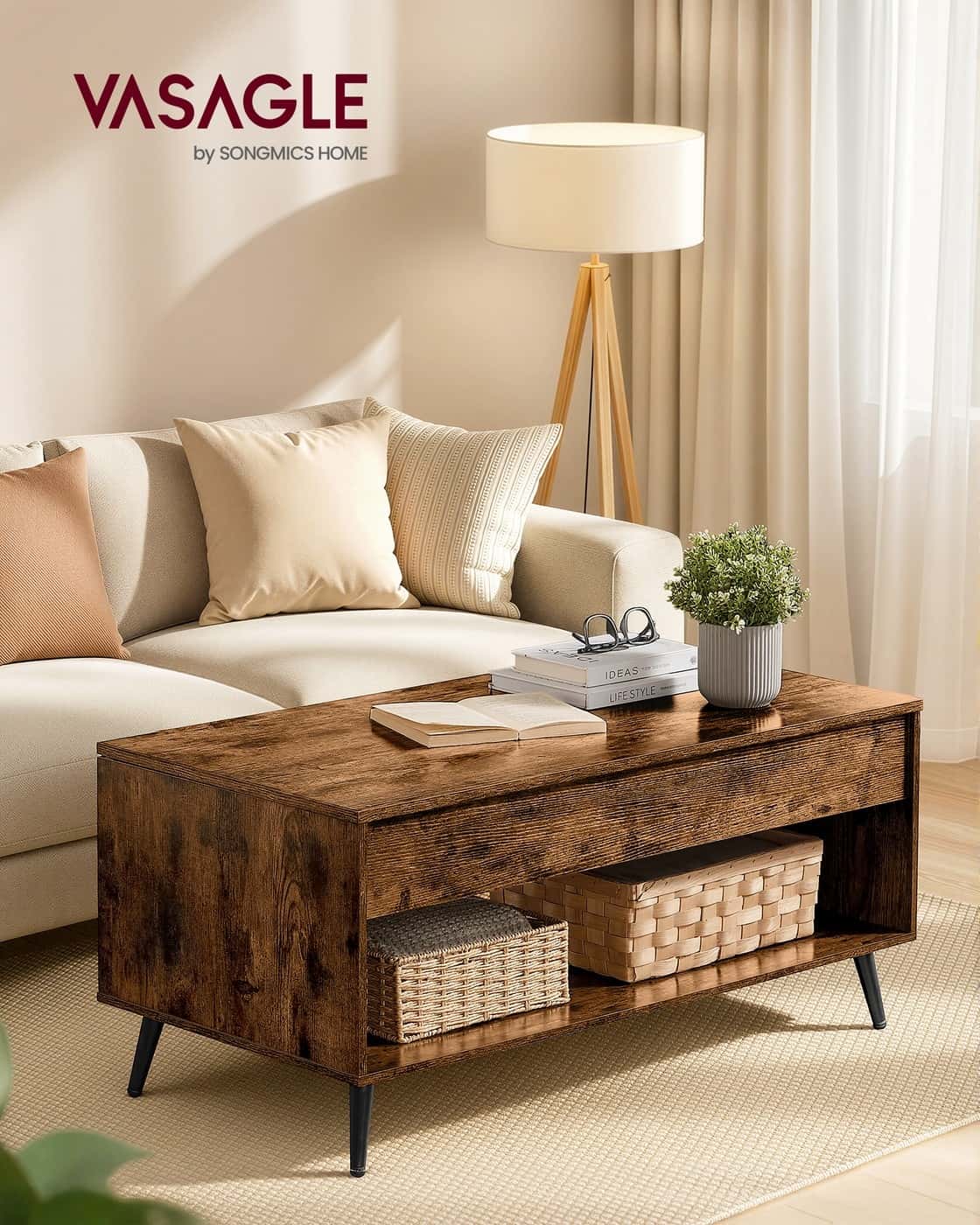 Couchtisch mit verstellbarer Platte und verstecktem Fach vintagebraun-Mattschwarz Couchtisch mit verstellbarer Platte und verstecktem Fach vintagebraun-Mattschwarz