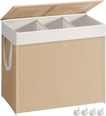 Wäschekorb 140 L mit 3 Fächern und Rollen naturbeige-mattweiß