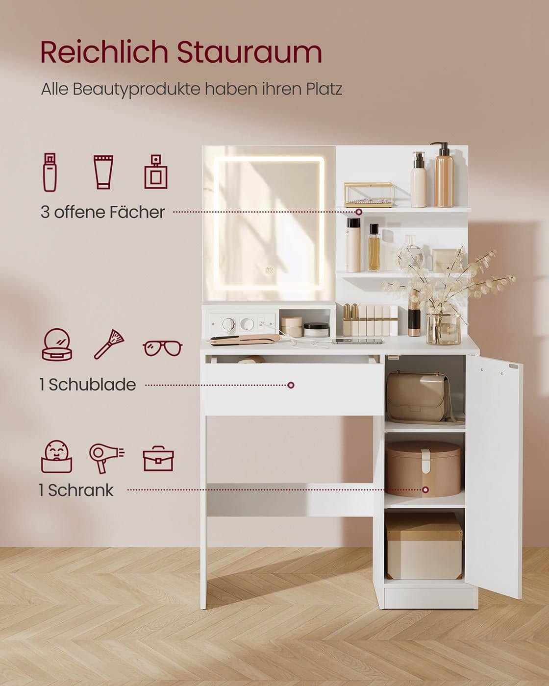 Kailyn Kollektion - Schminktisch mit LED-Spiegel Schublade und offenen Ablagen