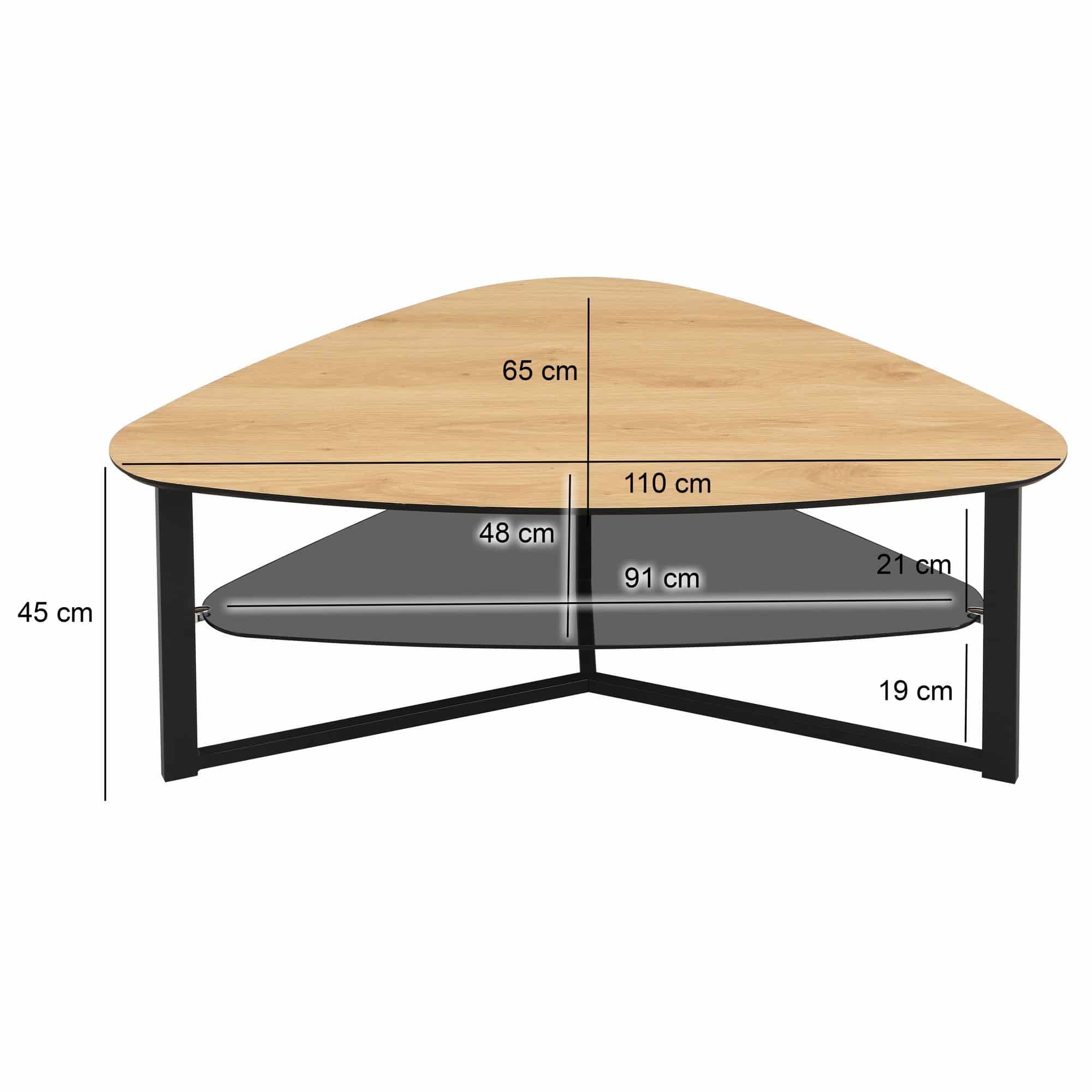 Couchtisch nierenförmig Eiche Optik 110 cm mit Glasablage & Metallgestell Couchtisch nierenförmig Eiche Optik 110 cm mit Glasablage & Metallgestell