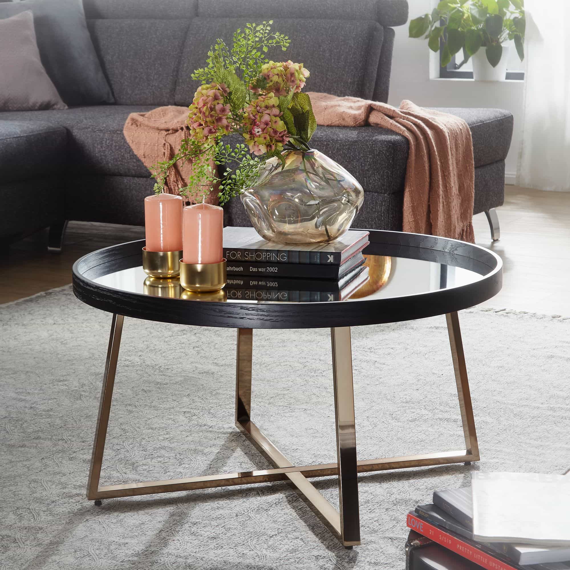 Design Couchtisch Rund Ø 78 cm Dunkel-Gold mit Spiegel Glasplatte Design Couchtisch Rund Ø 78 cm Dunkel-Gold mit Spiegel Glasplatte