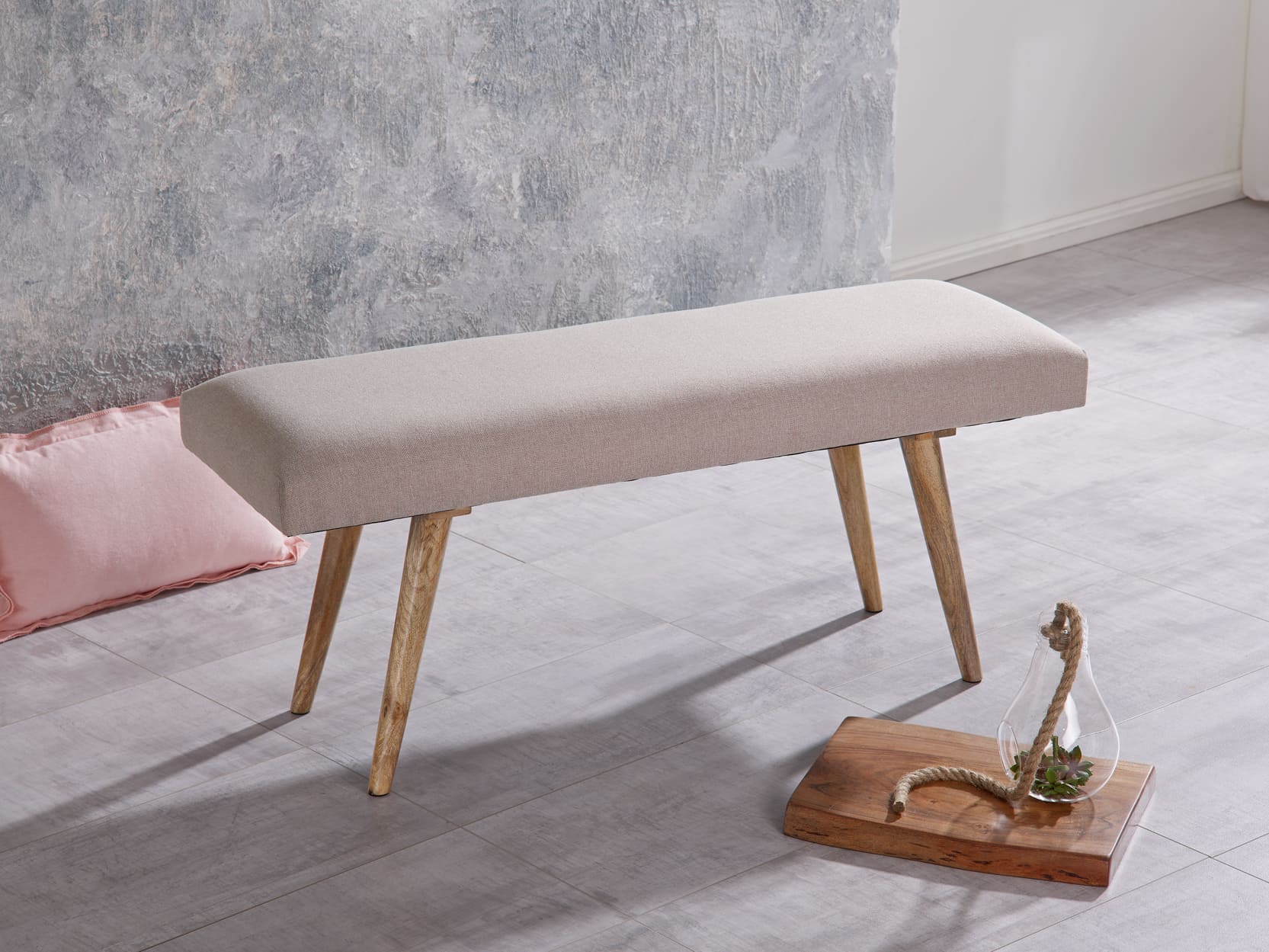 46013-WOHNLING-Sitzbank-117x37x51-cm-Baumwolle-we_3 Sitzbank Stoff / Massivholz Bank Beige 117x51x38 cm im Retro Stil