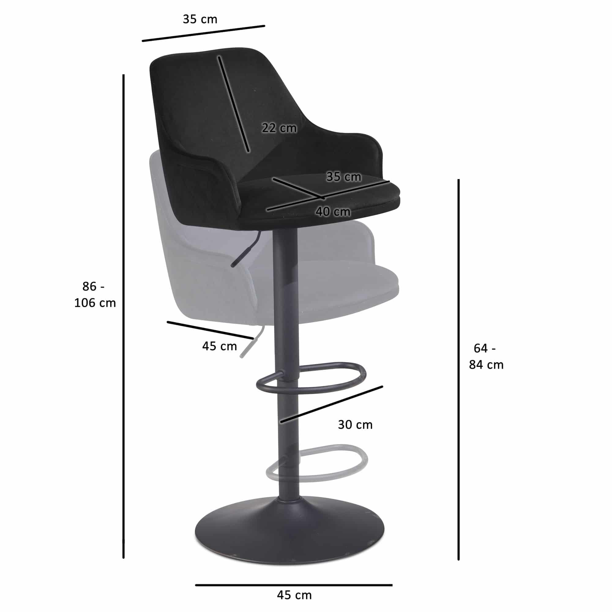 Barhocker Samt Schwarz Hocker mit Lehne 86 - 106 cm Barhocker Samt Schwarz Hocker mit Lehne 86 - 106 cm