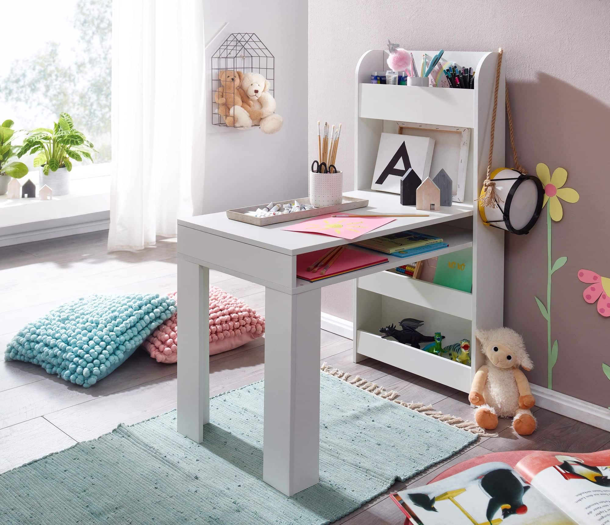 62549-WOHNLING-Kinderschreibtisch-90X50X110cm-weiss-WL6-388-WL6-388_1 Kinderschreibtisch Weiß 90x50x110 cm Maltisch Kinderzimmer mit Regal