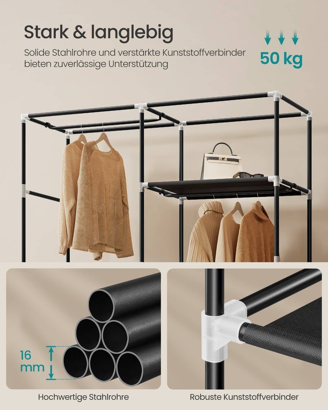 Stoffkleiderschrank mit Kleiderstange und praktischen Ablagen Stoffkleiderschrank mit Kleiderstange und praktischen Ablagen