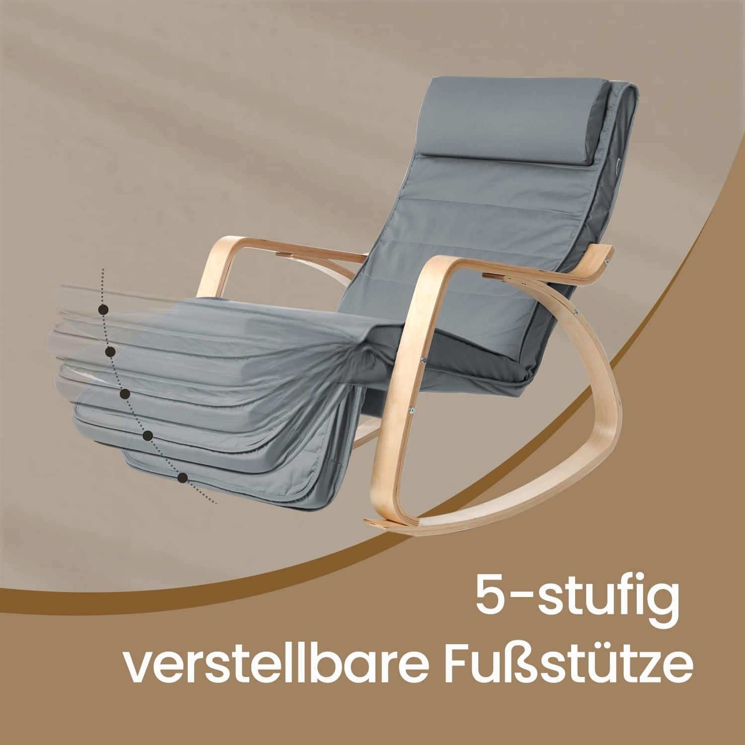 Schaukelstuhl mit 5-stufig verstellbarer Fußstütze, Schaukelsessel mit Armlehnen aus Birkenholz, für Wohnzimmer Schaukelstuhl mit 5-stufig verstellbarer Fußstütze, Schaukelsessel mit Armlehnen aus Birkenholz, für Wohnzimmer