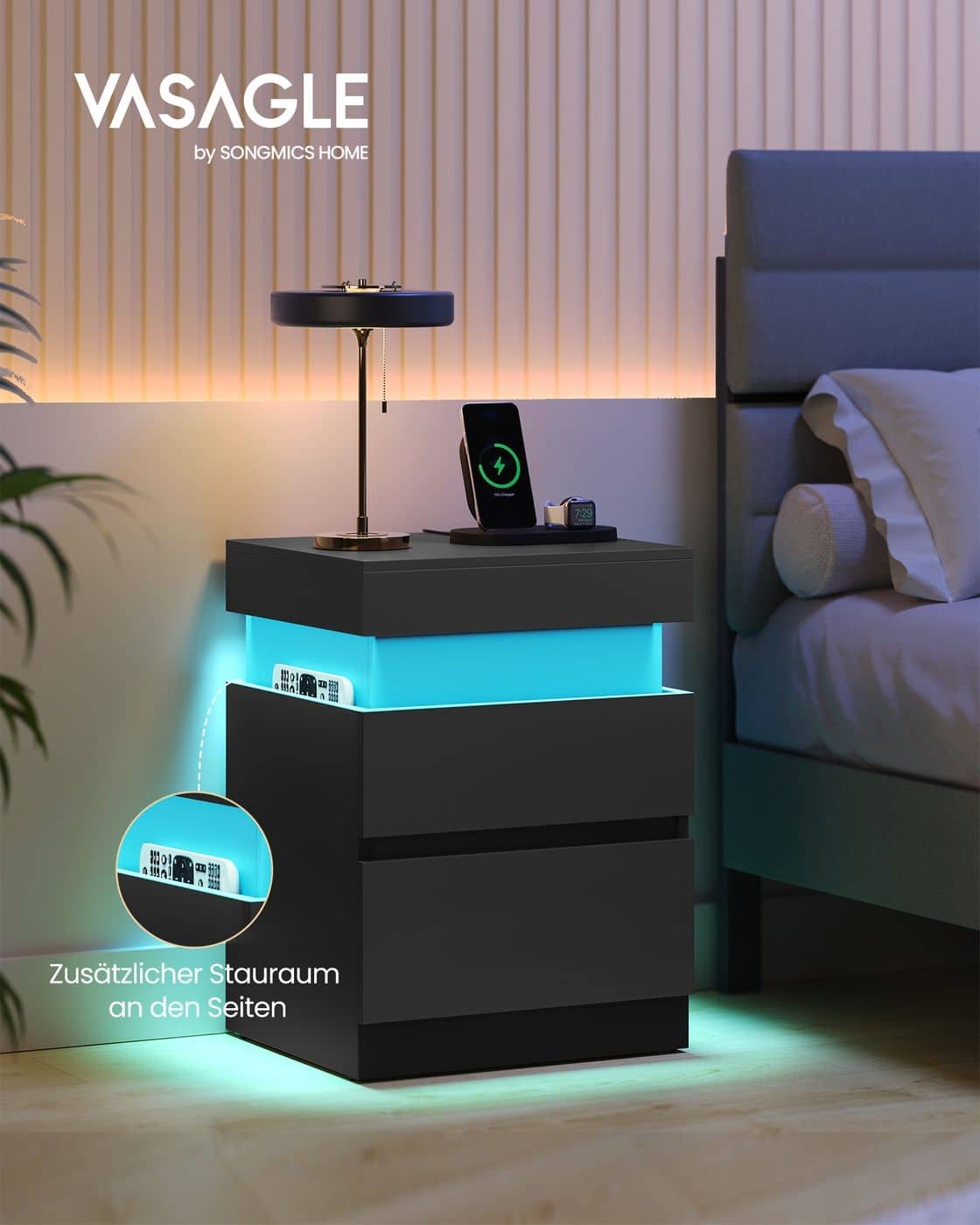 Kailyn Kollektion - Nachttisch mit Steckdosen und LED Beleuchtung tintenschwarz Kailyn Kollektion - Nachttisch mit Steckdosen und LED Beleuchtung tintenschwarz