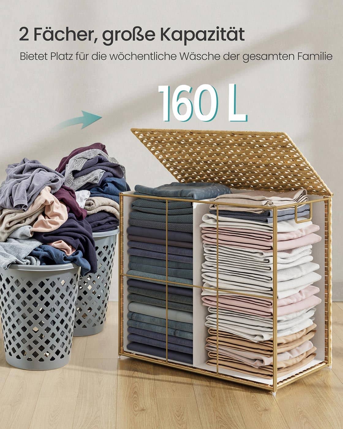 Wäschekorb aus synthetischem Rattan mit 2 Fächern naturfarben Wäschekorb aus synthetischem Rattan mit 2 Fächern naturfarben