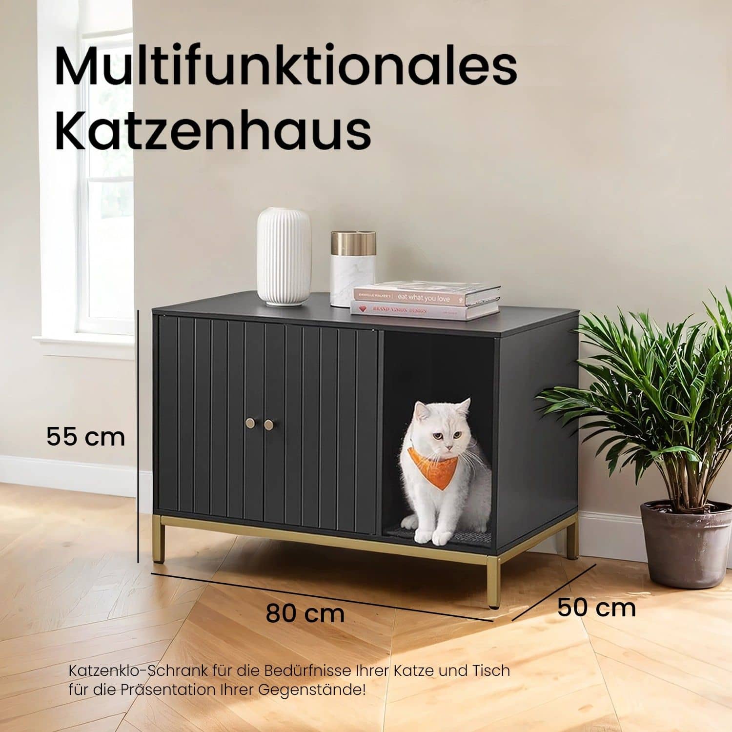 Katzenklo-Schrank mit Kratzmatte und Beinen goldfarben