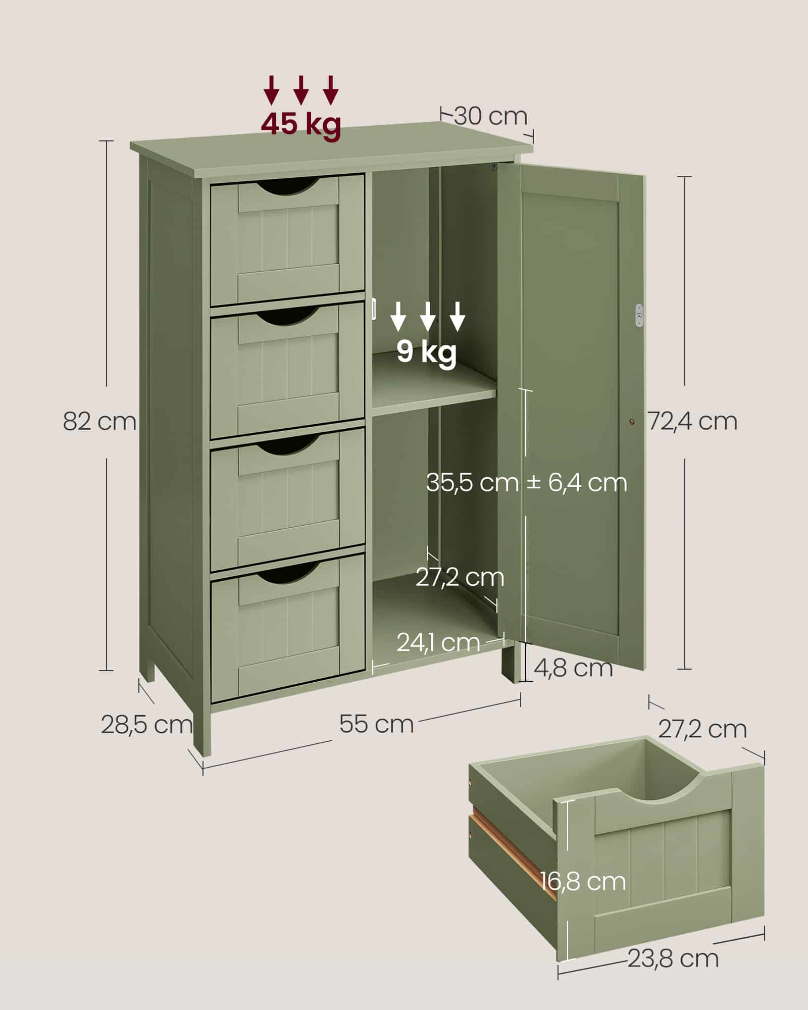 Badezimmerschrank 4 Schubladen 30 x 55 x 82 cm waldgrün