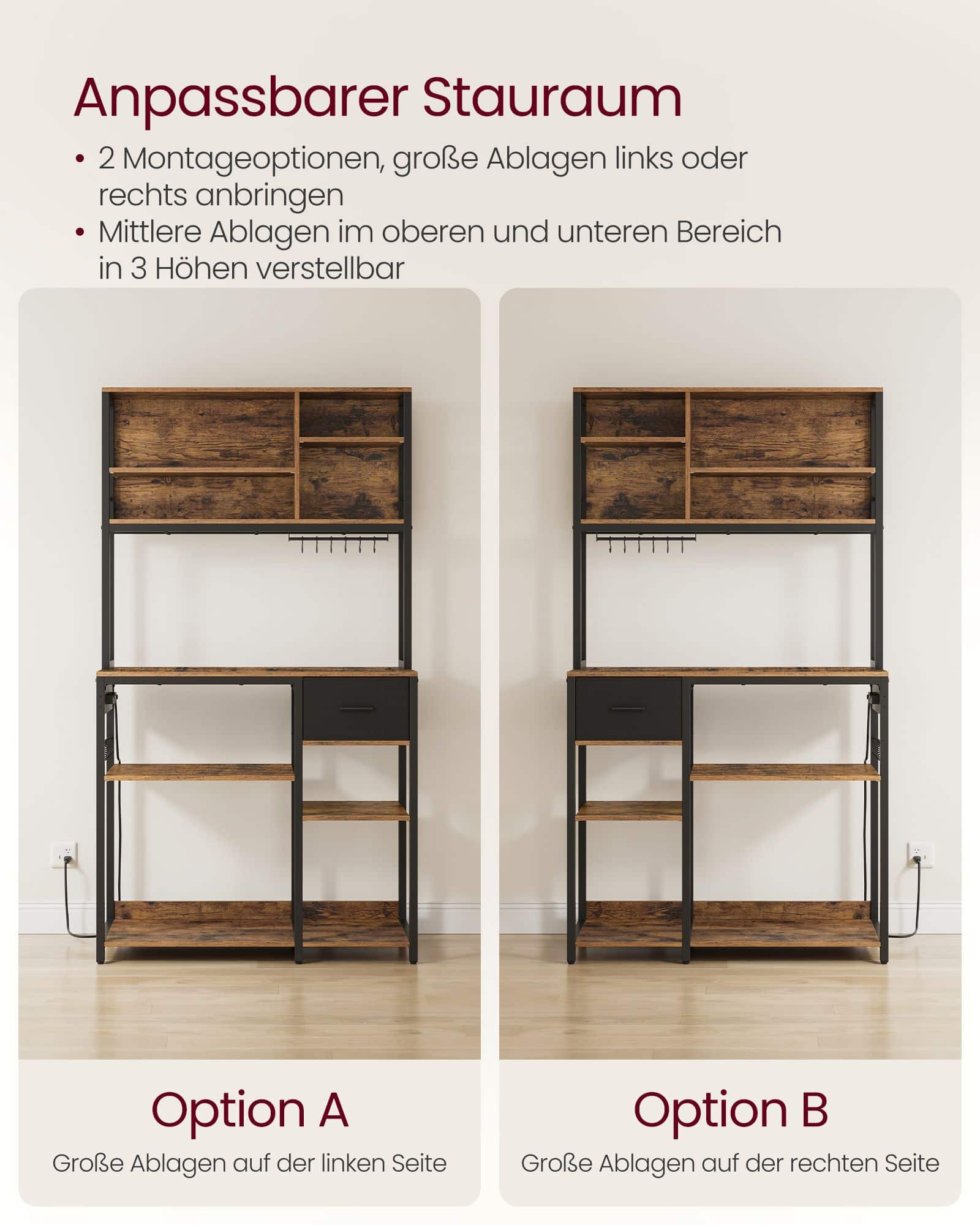 Küchenregal mit Steckdosen und Stoffschublade 40 x 100 x 180,4 cm Küchenregal mit Steckdosen und Stoffschublade 40 x 100 x 180,4 cm