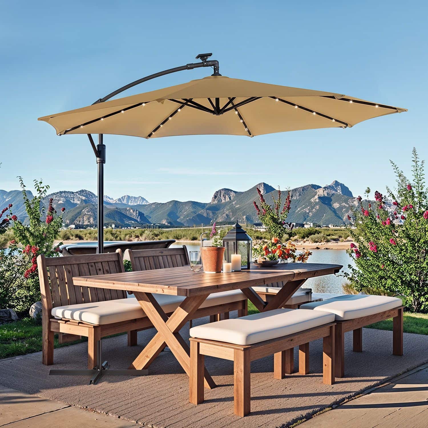 Sonnenschirm mit LED-Solar-Beleuchtung, Ampelschirm 300 cm d, 32 LED-Lämpchen