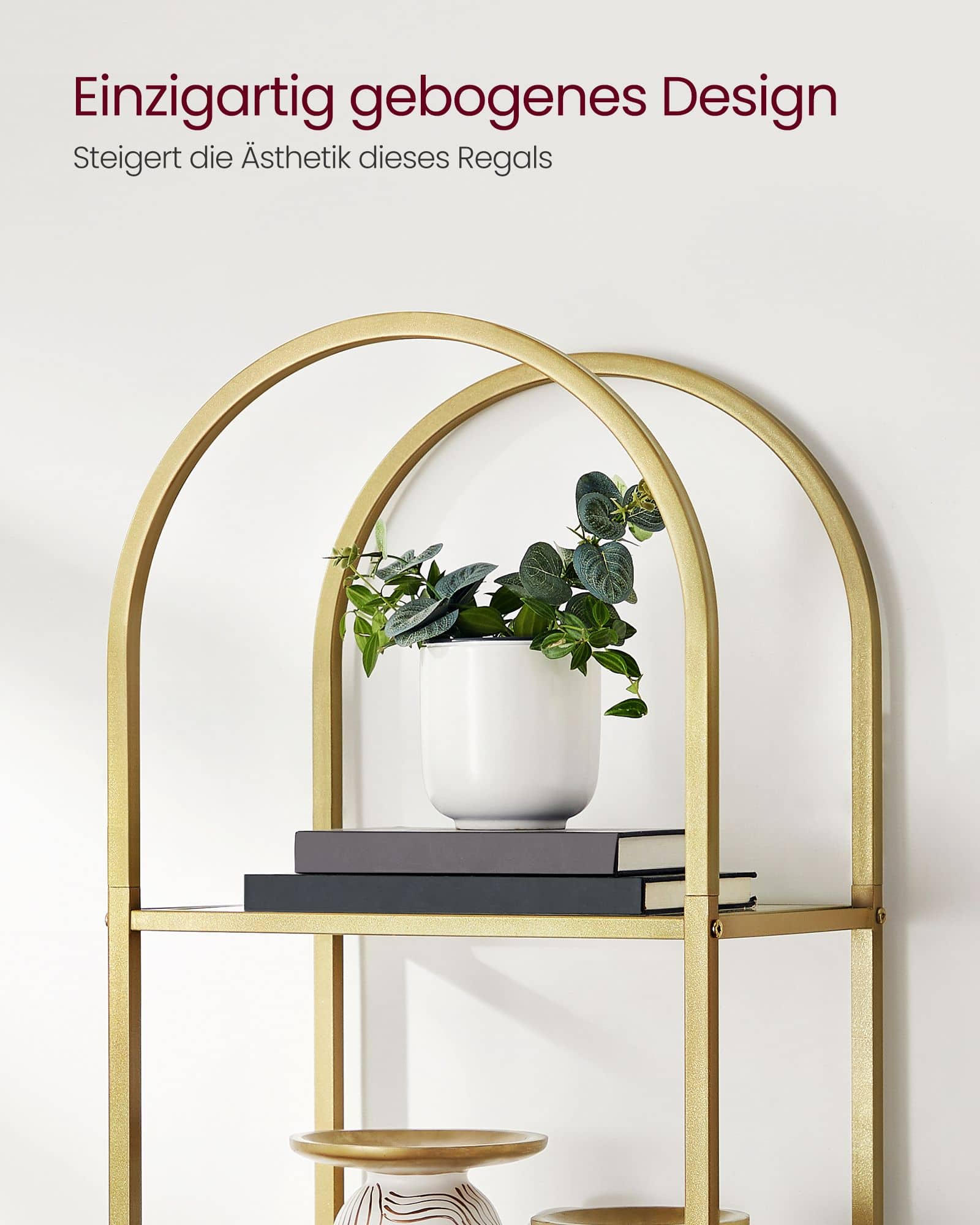 Bücherregal 5 Ebenen bogenförmig Metallstruktur goldfarben-transparent Bücherregal 5 Ebenen bogenförmig Metallstruktur goldfarben-transparent