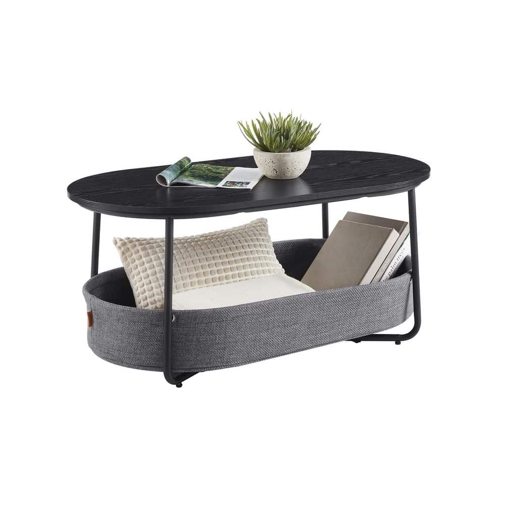 Couchtisch oval mit Stauraum und Stoffkorb Tintenschwarz-Schiefergrau