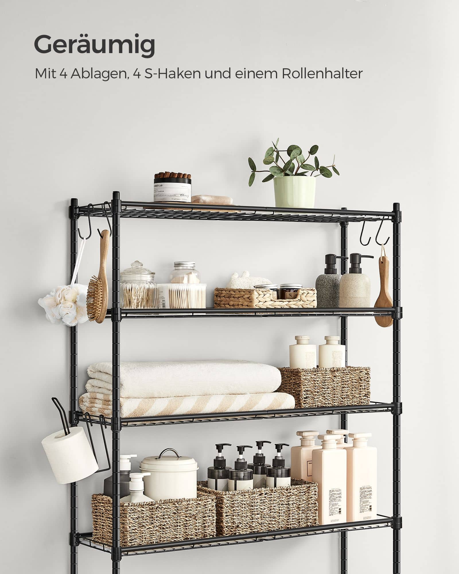 4-stöckiges Toilettenregal mit verstellbaren Ablagen schwarz
