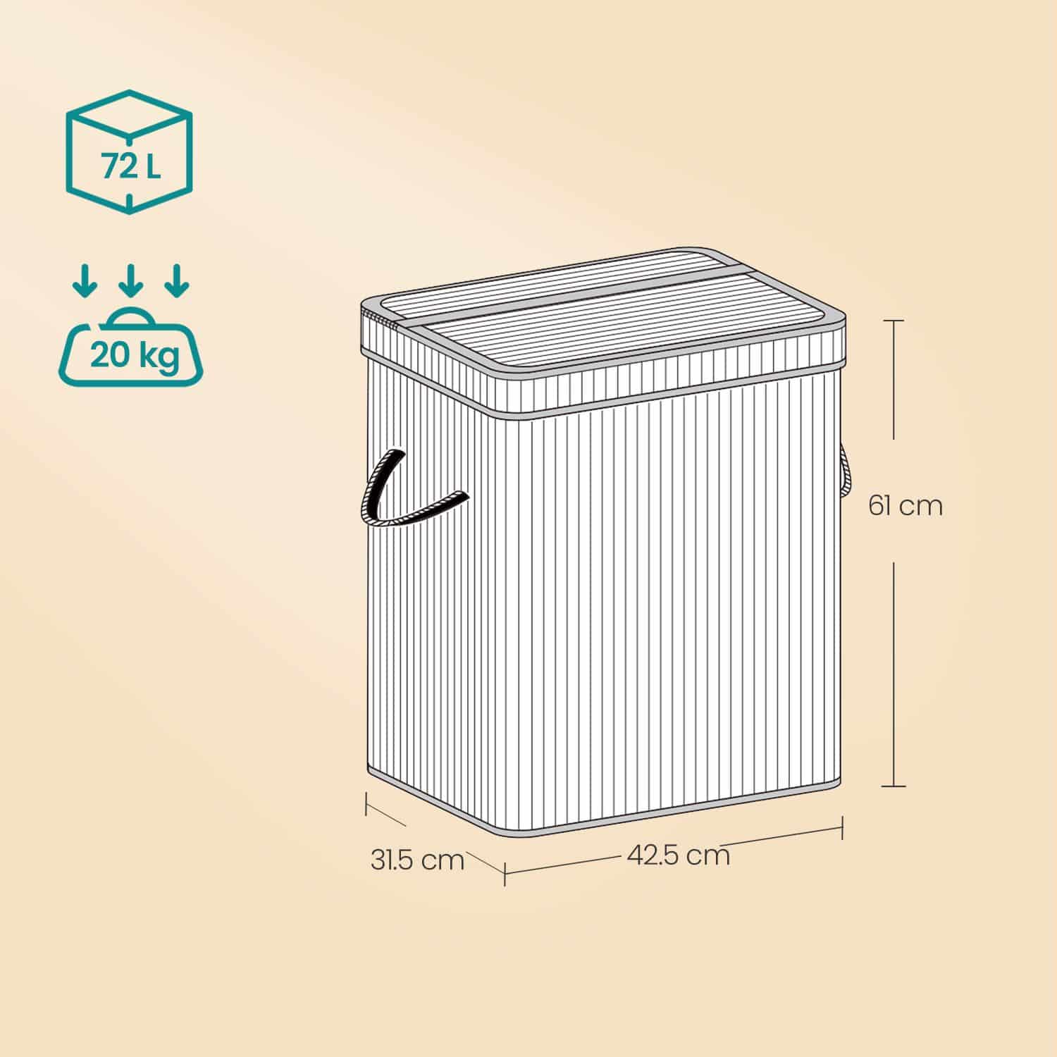Wäschekorb mit Deckel, Wäschesammler Bambus, Wäschesack mit Griffen herausnehmbar und maschinenwaschbar