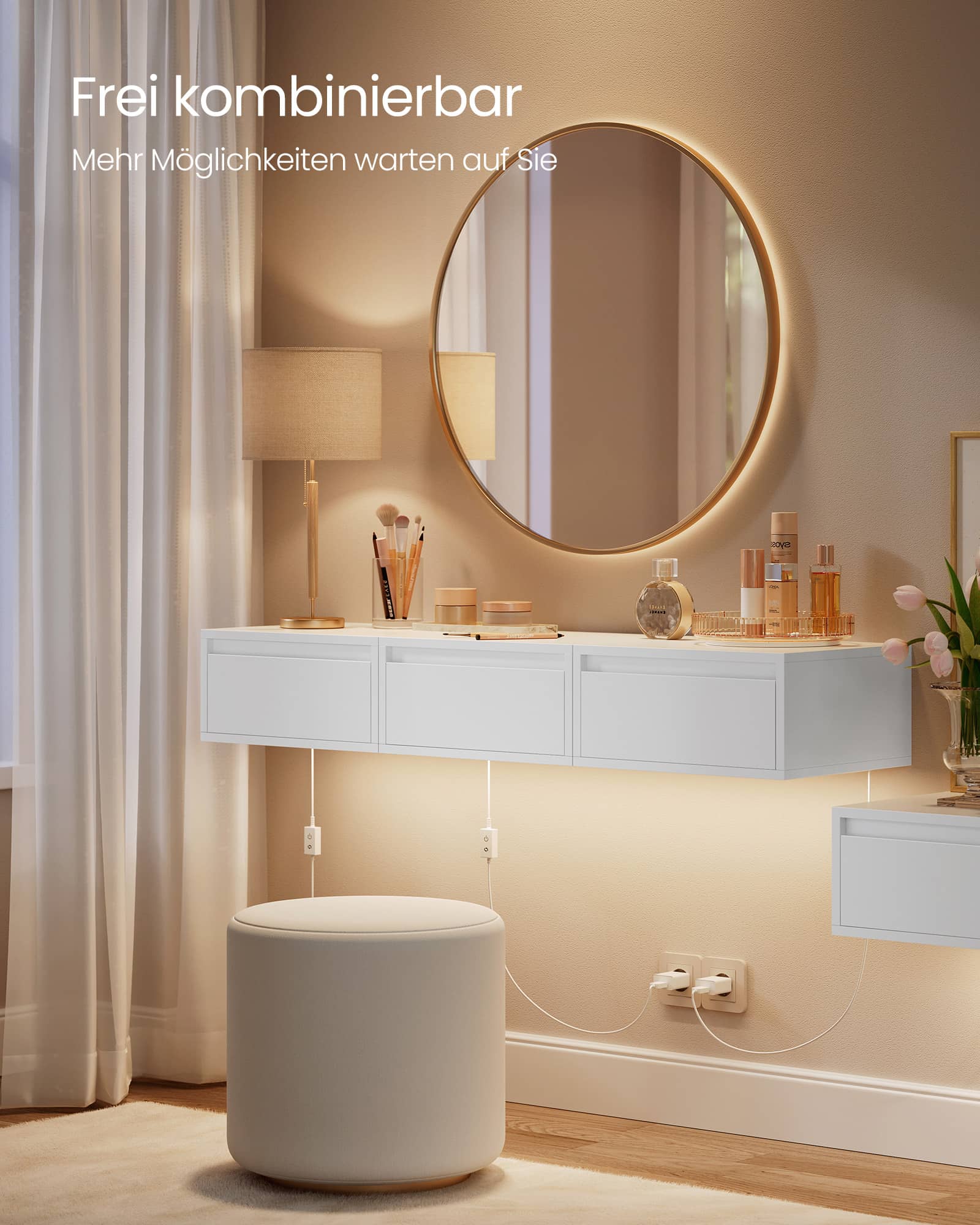 Nachttisch hängend mit Leuchten in 3 Farben wolkenweiß Nachttisch hängend mit Leuchten in 3 Farben wolkenweiß