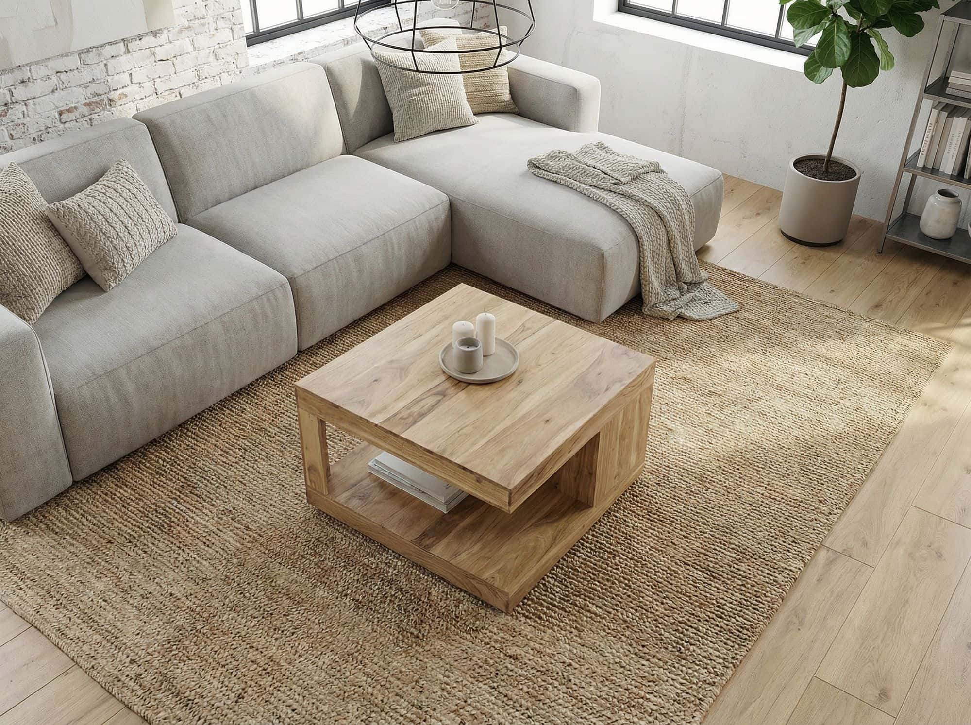 Couchtisch Akazie Massivholz 60cm - Quadratischer Wohnzimmertisch mit Ablagefach - Design Sofatisch Holz - Offener Loungetisch - Natur Beistelltisch Handmade