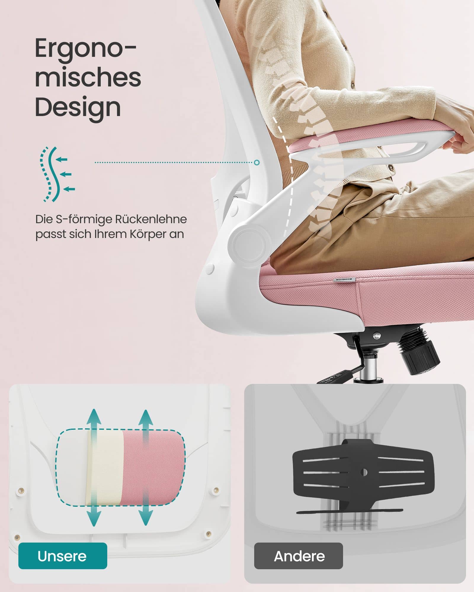 Bürostuhl ergonomisch mit Wippfunktion pastellrosa Bürostuhl ergonomisch mit Wippfunktion pastellrosa