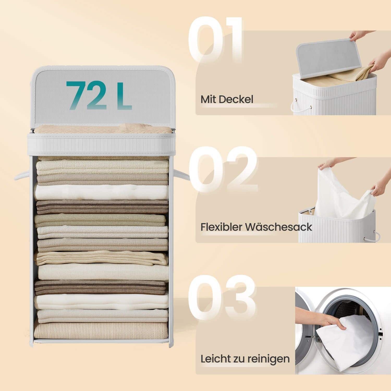 Wäschekorb mit Deckel, Wäschesammler Bambus, Wäschesack mit Griffen herausnehmbar und maschinenwaschbar Wäschekorb mit Deckel, Wäschesammler Bambus, Wäschesack mit Griffen herausnehmbar und maschinenwaschbar