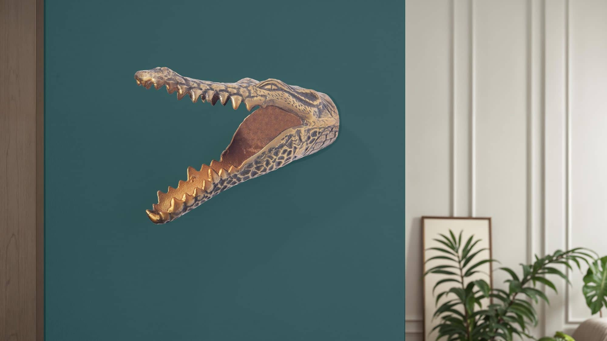 goldene Wanddeko Krokodil Gold Metall - Krokodil-Skulptur Handmade - Handgefertigte Dekoration für die Wand aus Alu - Wandskulptur Aluminium - Tierdeko