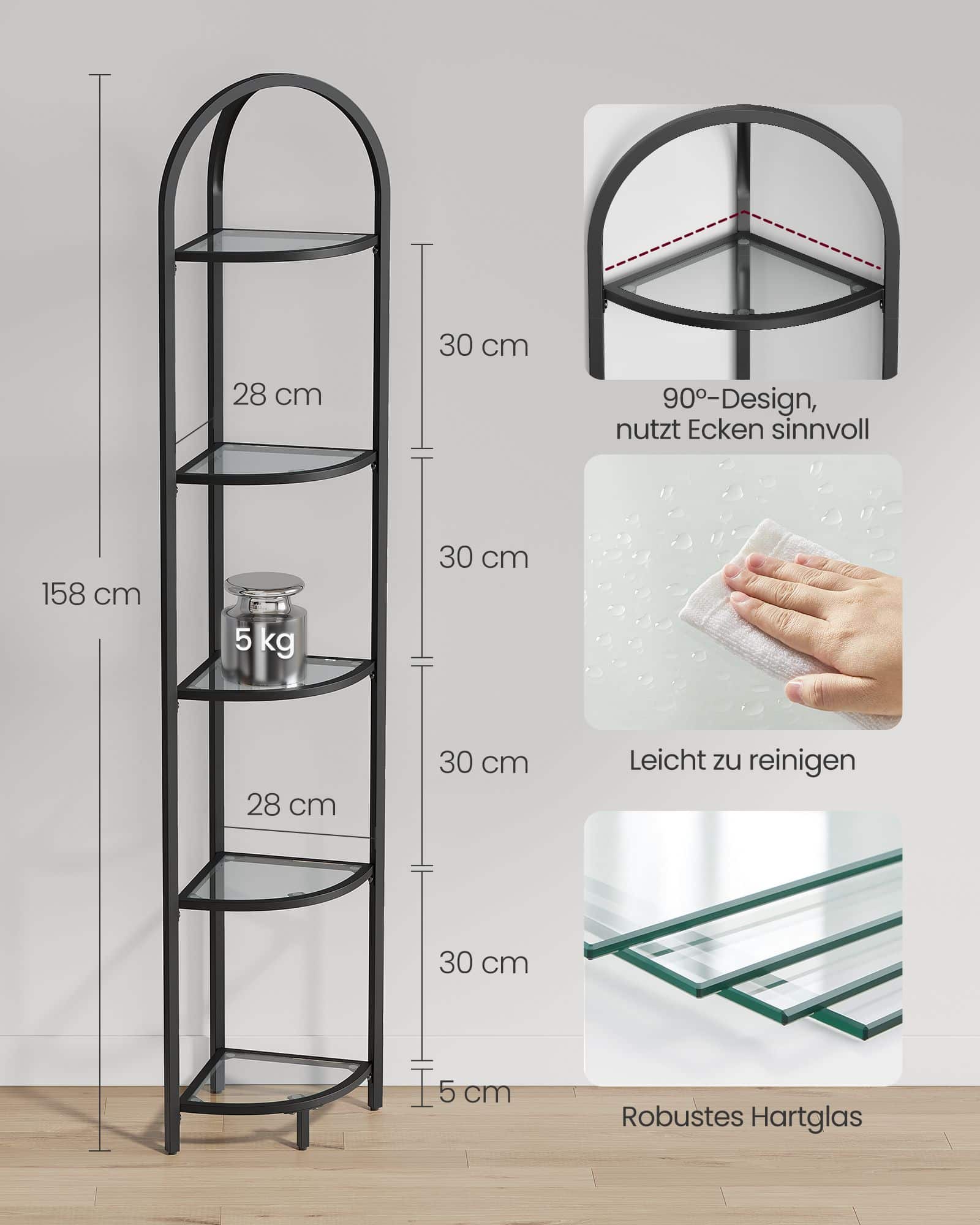 Eckregal 5 Ebenen mit Ablagen aus Hartglas-LGT810B61 Eckregal 5 Ebenen mit Ablagen aus Hartglas-LGT810B61