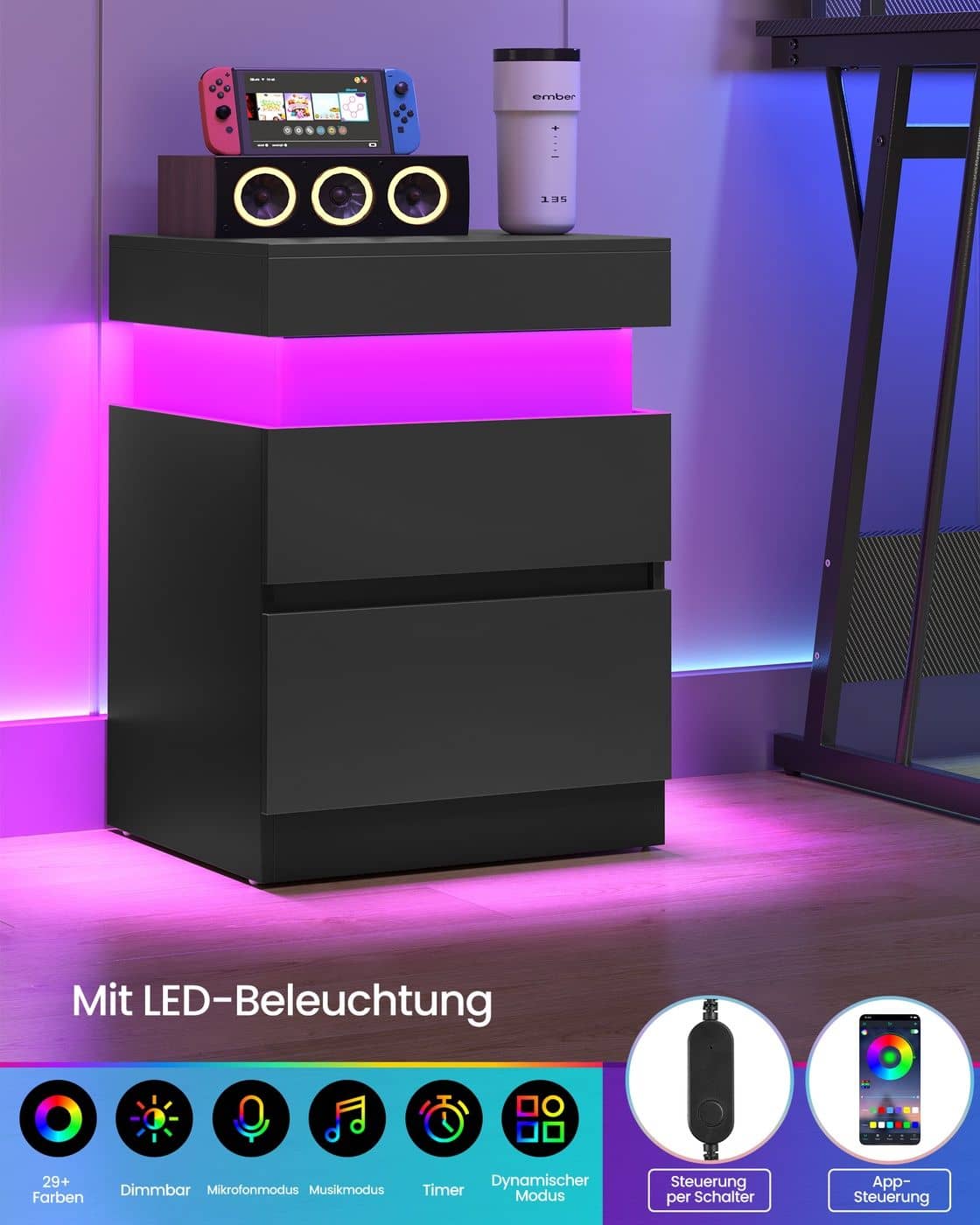 Kailyn Kollektion - Nachttisch mit Steckdosen und LED Beleuchtung tintenschwarz