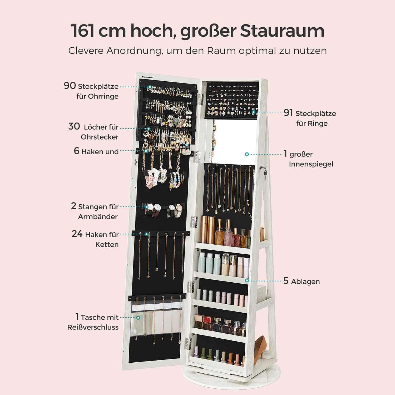 Drehbarer Schmuckschrank mit Spiegel-B34JBC62W Drehbarer Schmuckschrank mit Spiegel-B34JBC62W