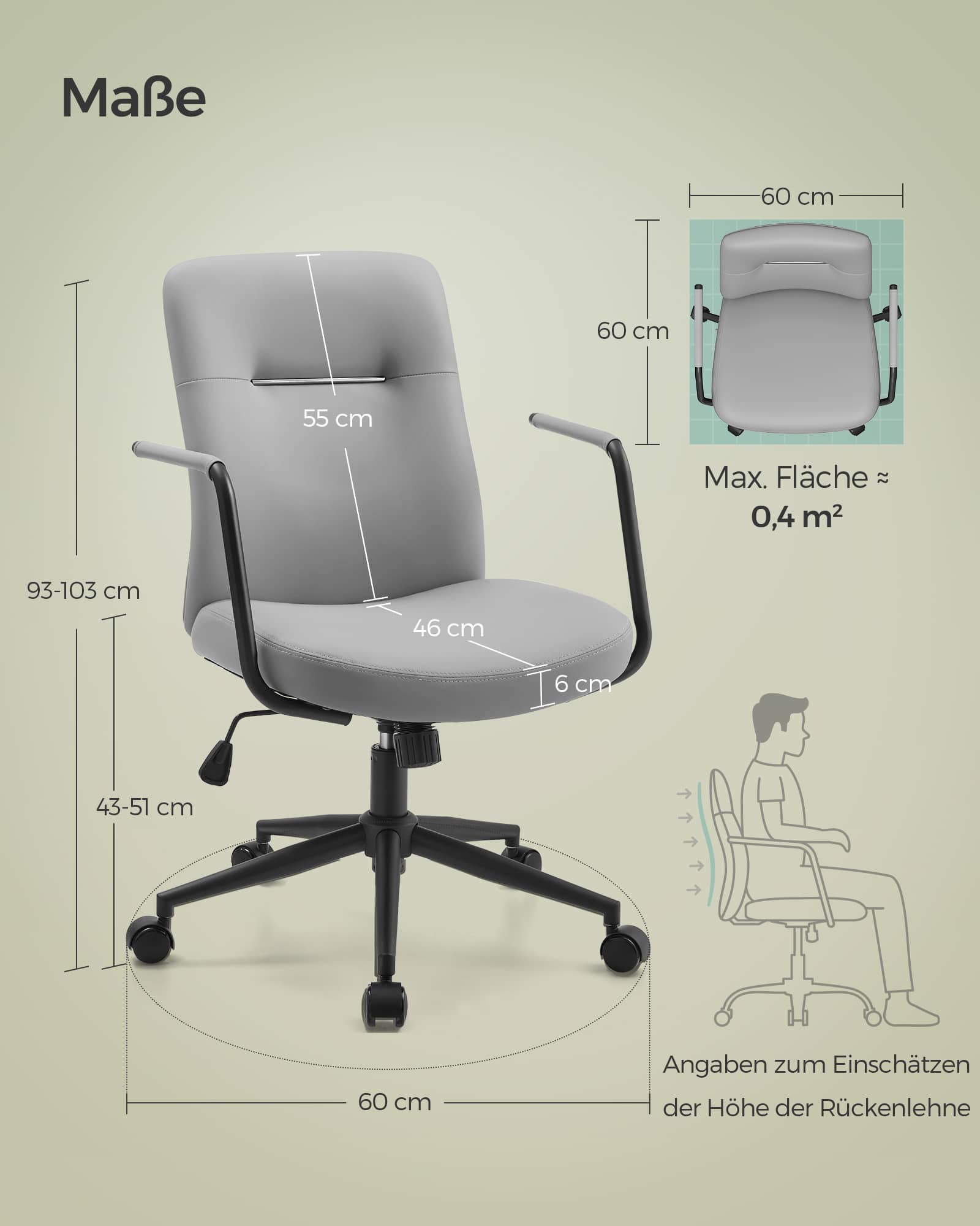Bürostuhl mit Rückenlehnen und gebogenem Sitz taubengrau