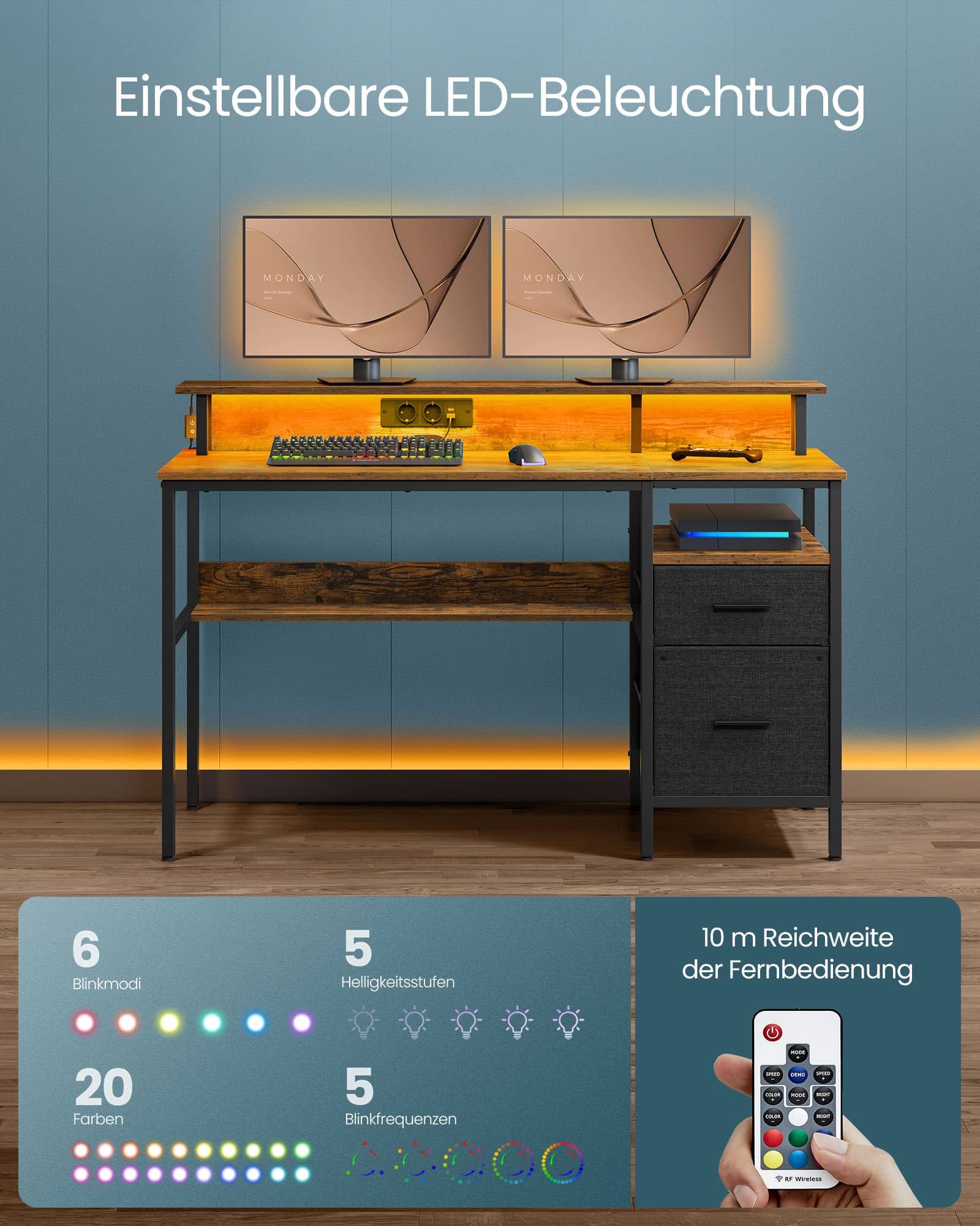 Schreibtisch mit Schubladen und Monitorständer vintagebraun