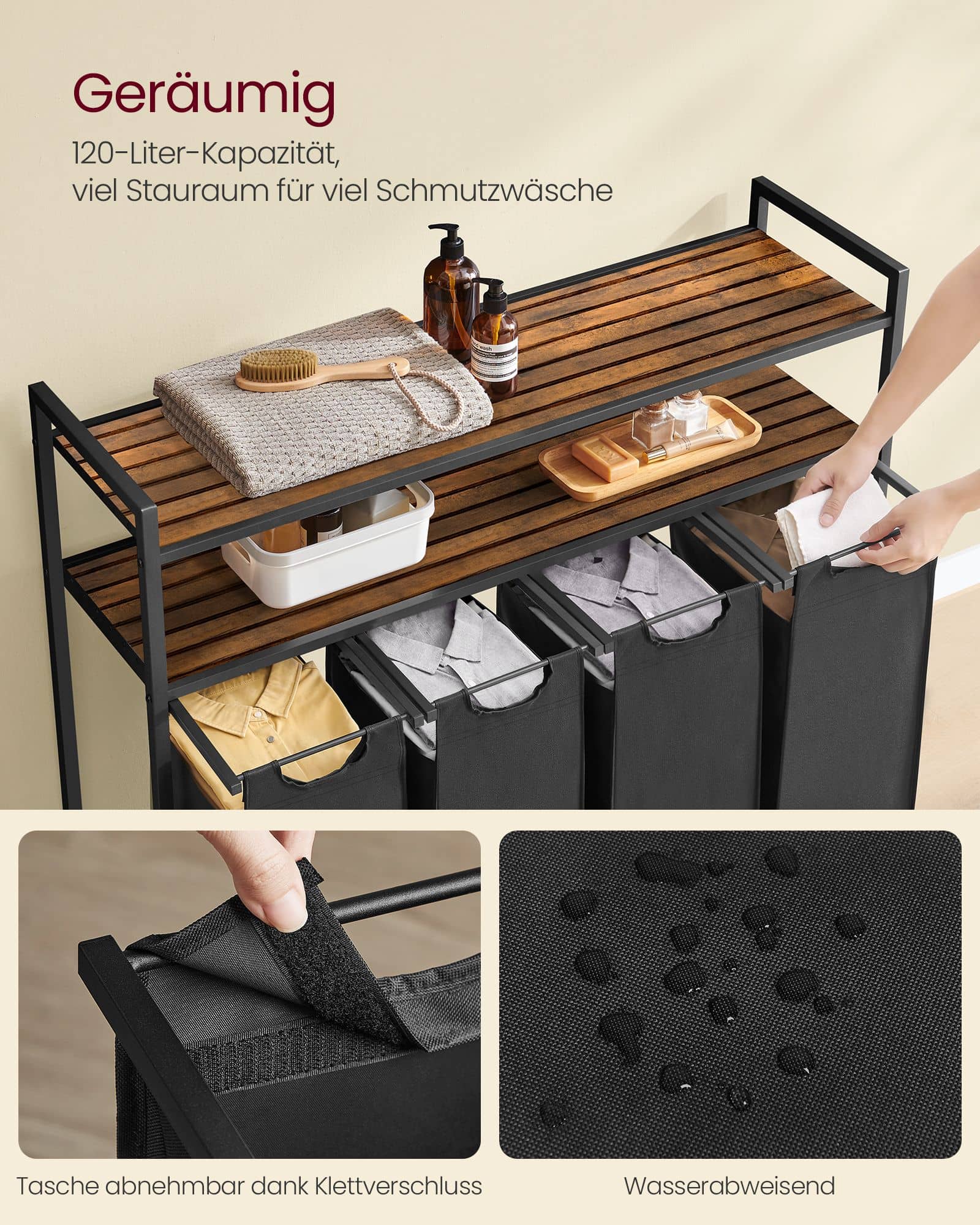Wäschekorb 4 Fächer mit 2 Ablagen vintagebraun-schwarz