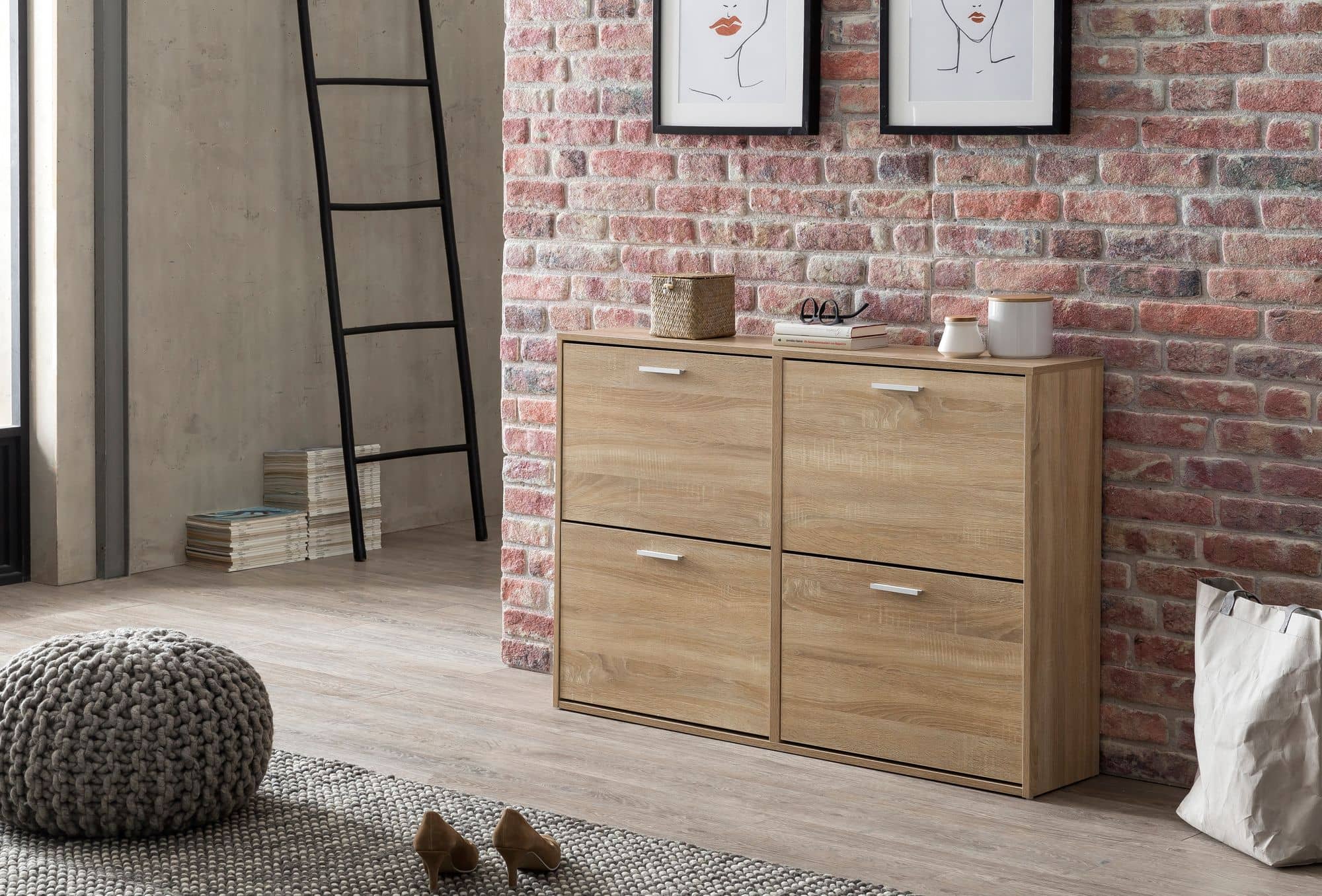 48488-WOHNLING-Schuhschrank-LEILA-120x24x81-cm-Sonoma-WL5-828-WL5-828_2 Schuhschrank geschlossen modern - 120x81x24cm Holz Schuhregal Sonoma 4 Fächer