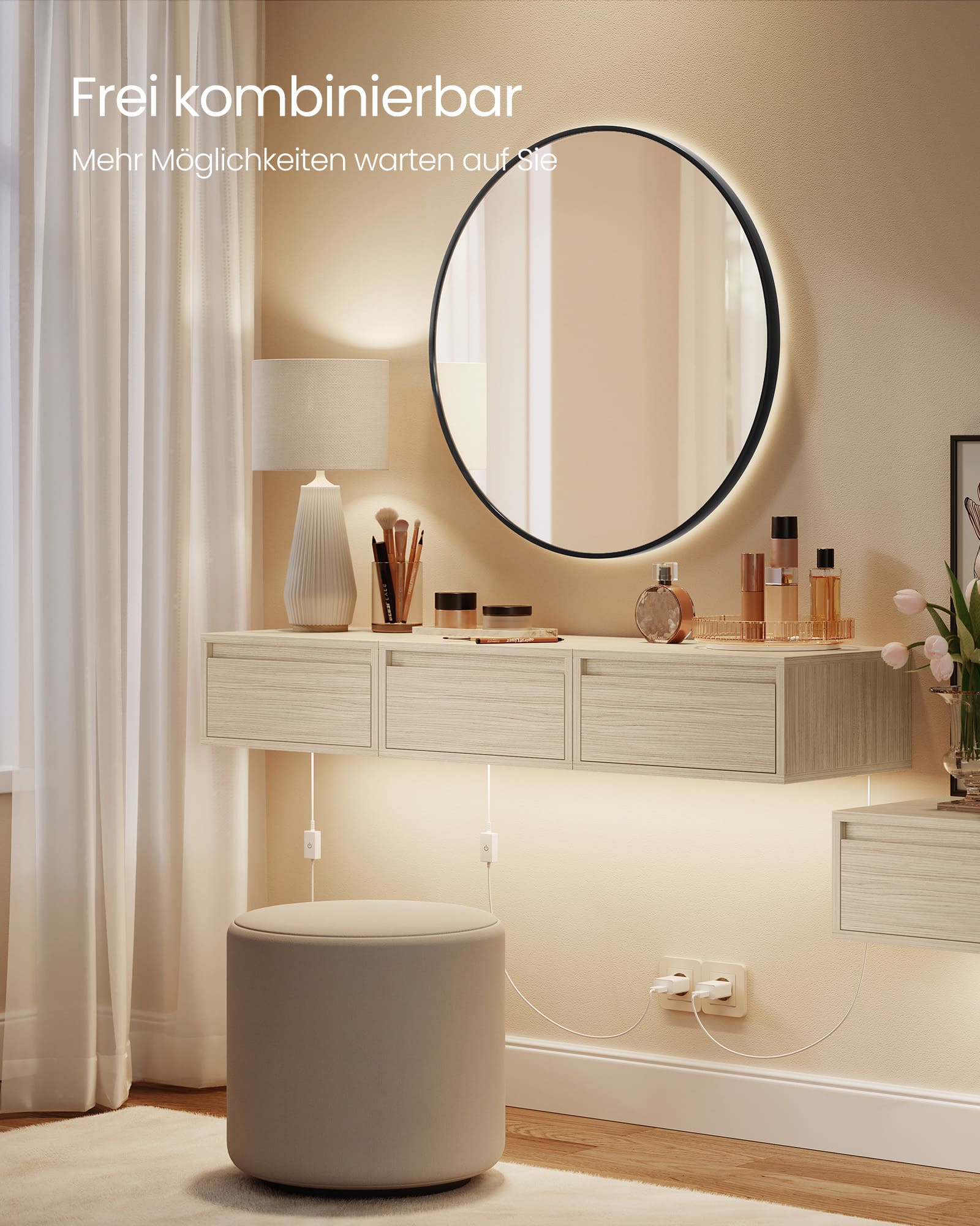 Nachttisch hängend mit Leuchten in 3 Farben naturbeige Nachttisch hängend mit Leuchten in 3 Farben naturbeige