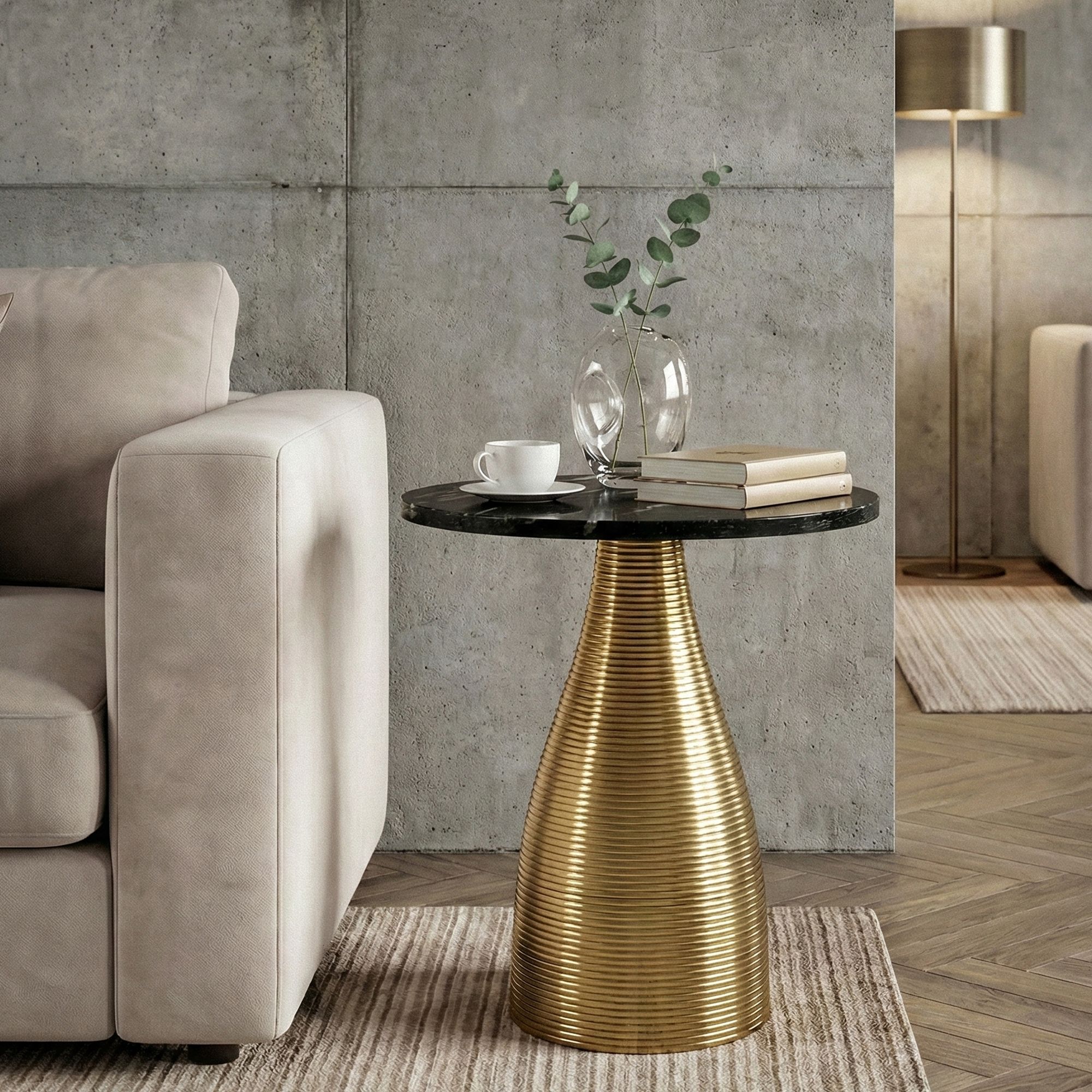 Beistelltisch Rund 40cm Gold mit Massiver Marmorplatte Schwarz - Wohnzimmertisch Naturstein Anstelltisch - Sofatisch Design Metall Couchtisch - Wohnzimmer Tisch Modern Handmade